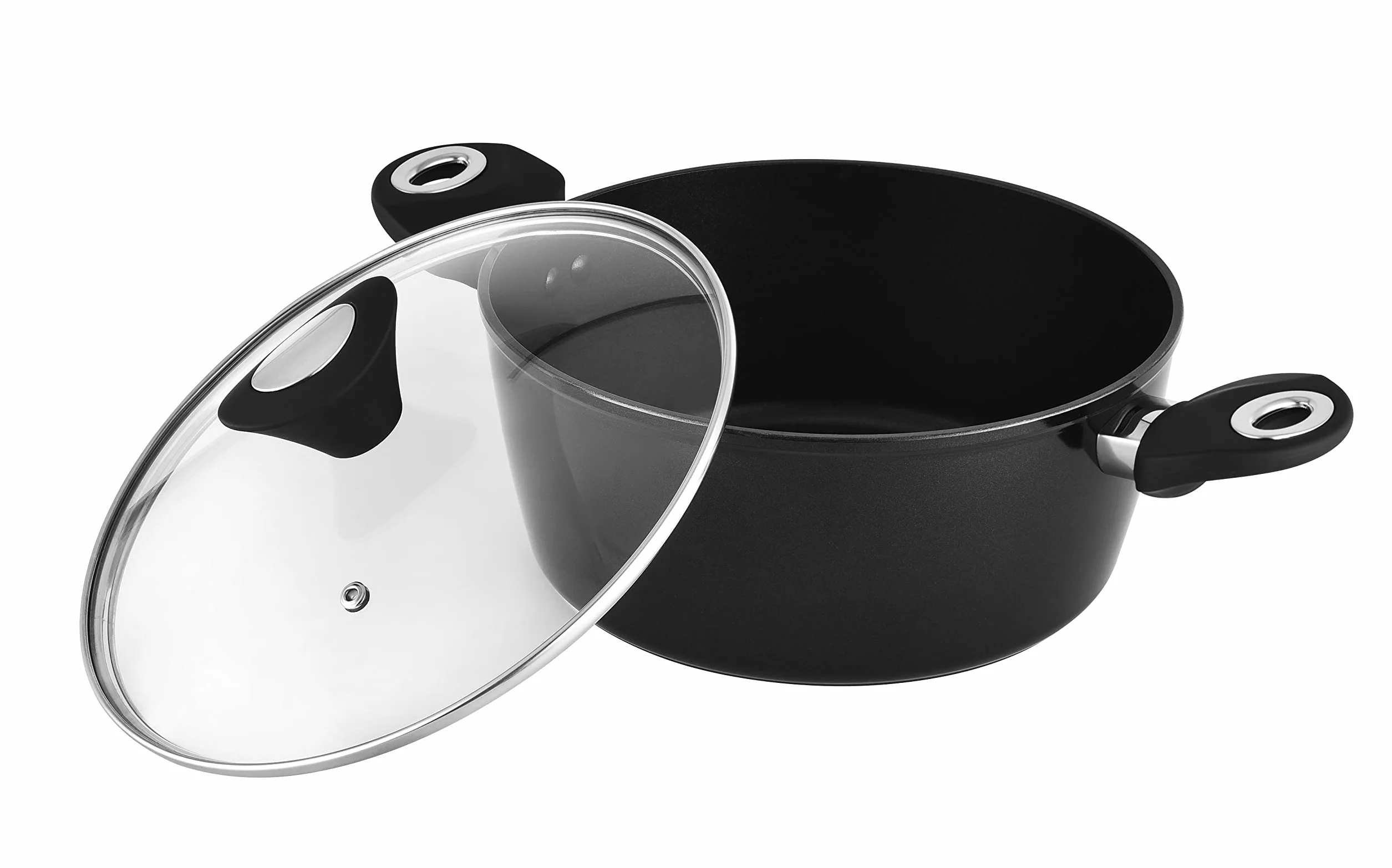 Venga! Kochtopf mit 24 cm Durchmesser, 4,1 l Fassungsvermögen, Antihaftbeschichtung, spülmaschinenfest, Turbo-Induktionsboden, ergonomische Soft-Touch-Griffe, schwarz/silber, VG POT 3001