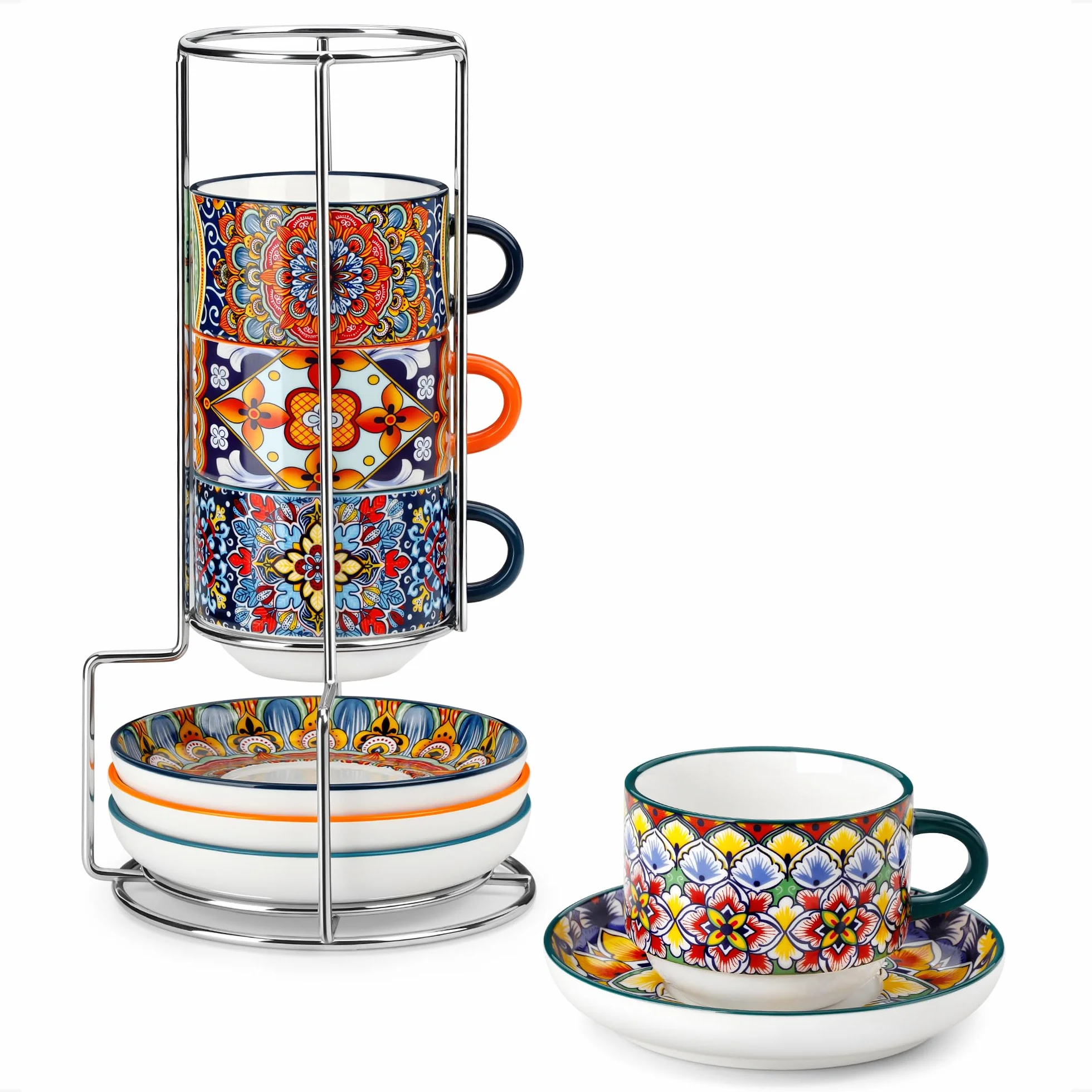 Vancasso zestaw filiżanek do espresso, 4-częściowy, 270 ml, duże filiżanki do espresso, grubościenne z spodkami i podstawką, można układać w stos, filiżanki do espresso z porcelany, kubki do mokki