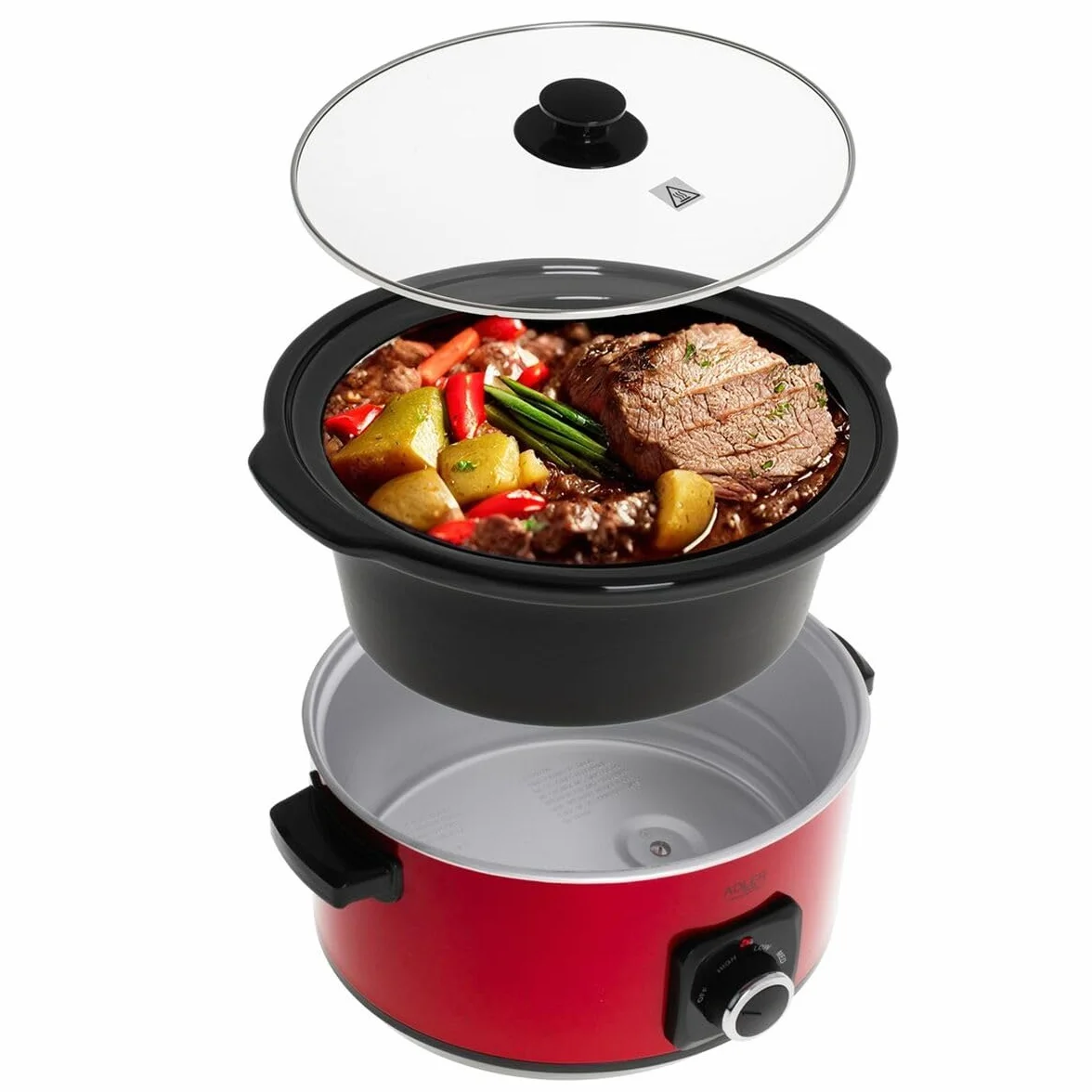 Adler - Wolnowar - Wolnowar - Zdejmowany garnek ceramiczny - 5,8 l - Odporne na wysokie temperatury uchwyty do przenoszenia, szklana pokrywka, 3 poziomy gotowania, nadaje się do mycia w zmywarce,