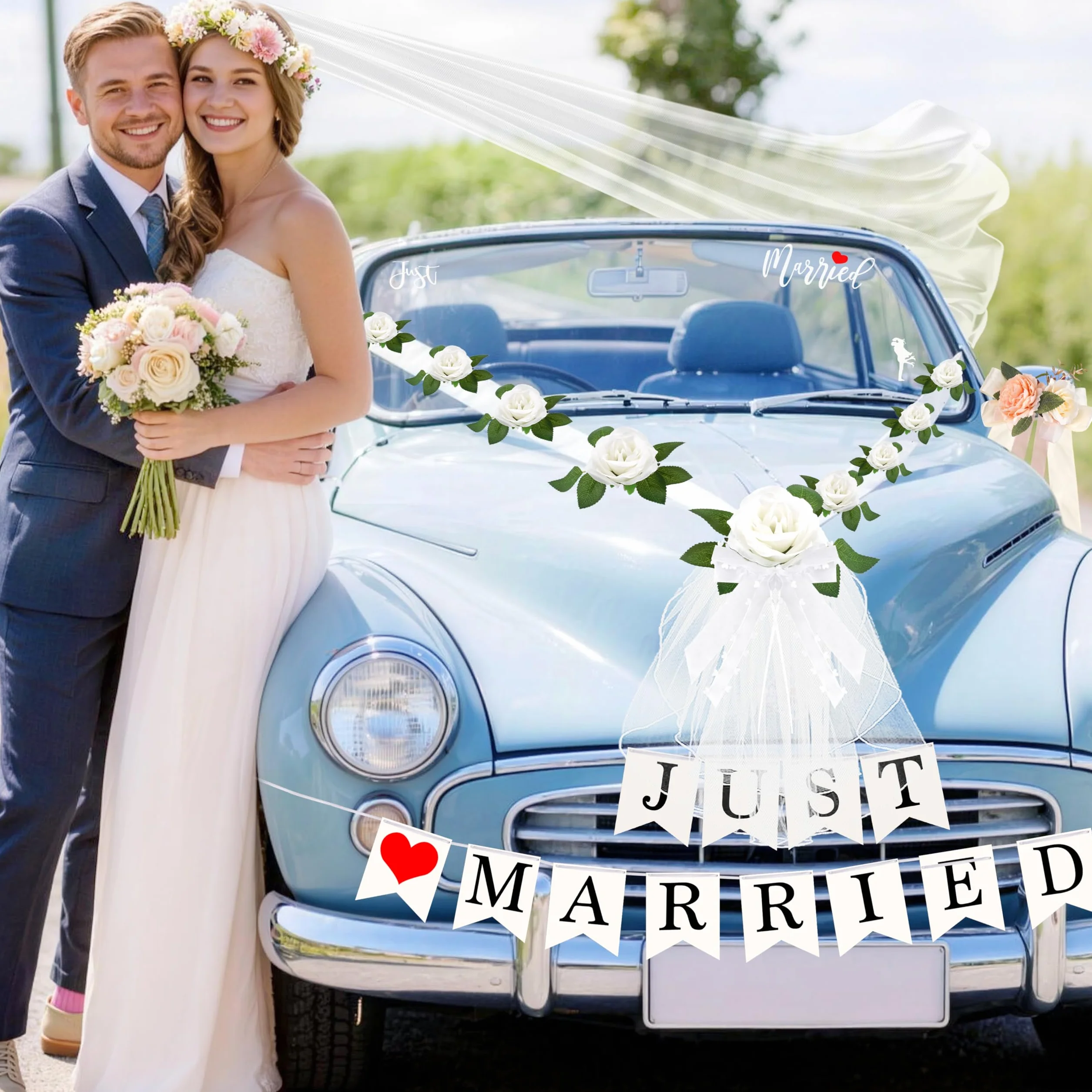 Ślubna ozdoba samochodowa (4 kokardy samochodowe na uchwyty + 2 weselne kokardki samochodowe + 2 x 180 cm girlanda z jedwabnymi kwiatami z 9 różami + naklejka Just Married i łańcuch