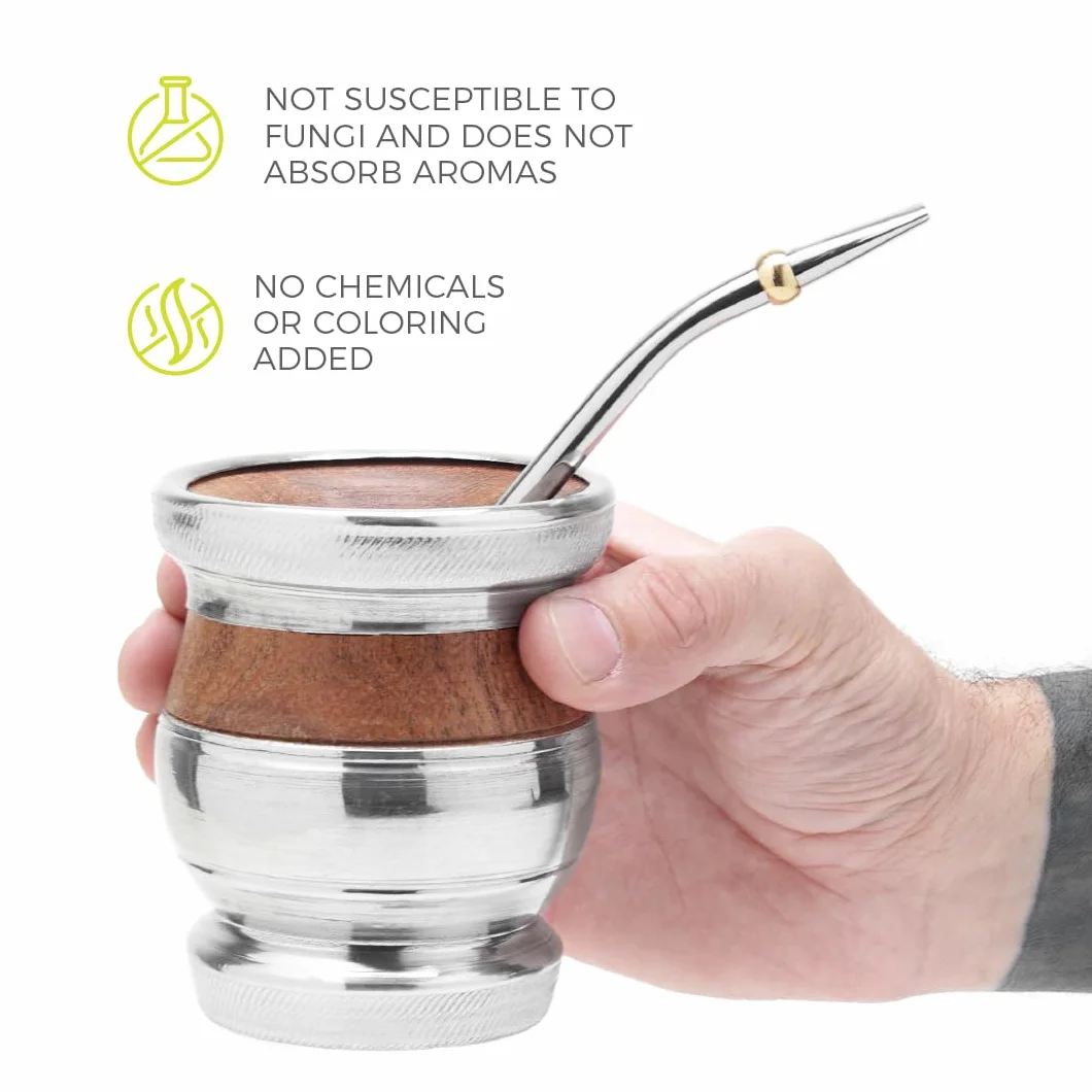 BALIBETOV Yerba Mate zestaw tykwy drewnianej – tradycyjny chleb świętojański i aluminiowy (kubek mate) z bombillą (słomka Yerba Mate) (drewno z aluminiową podstawą) (drewno karobowe z aluminiową