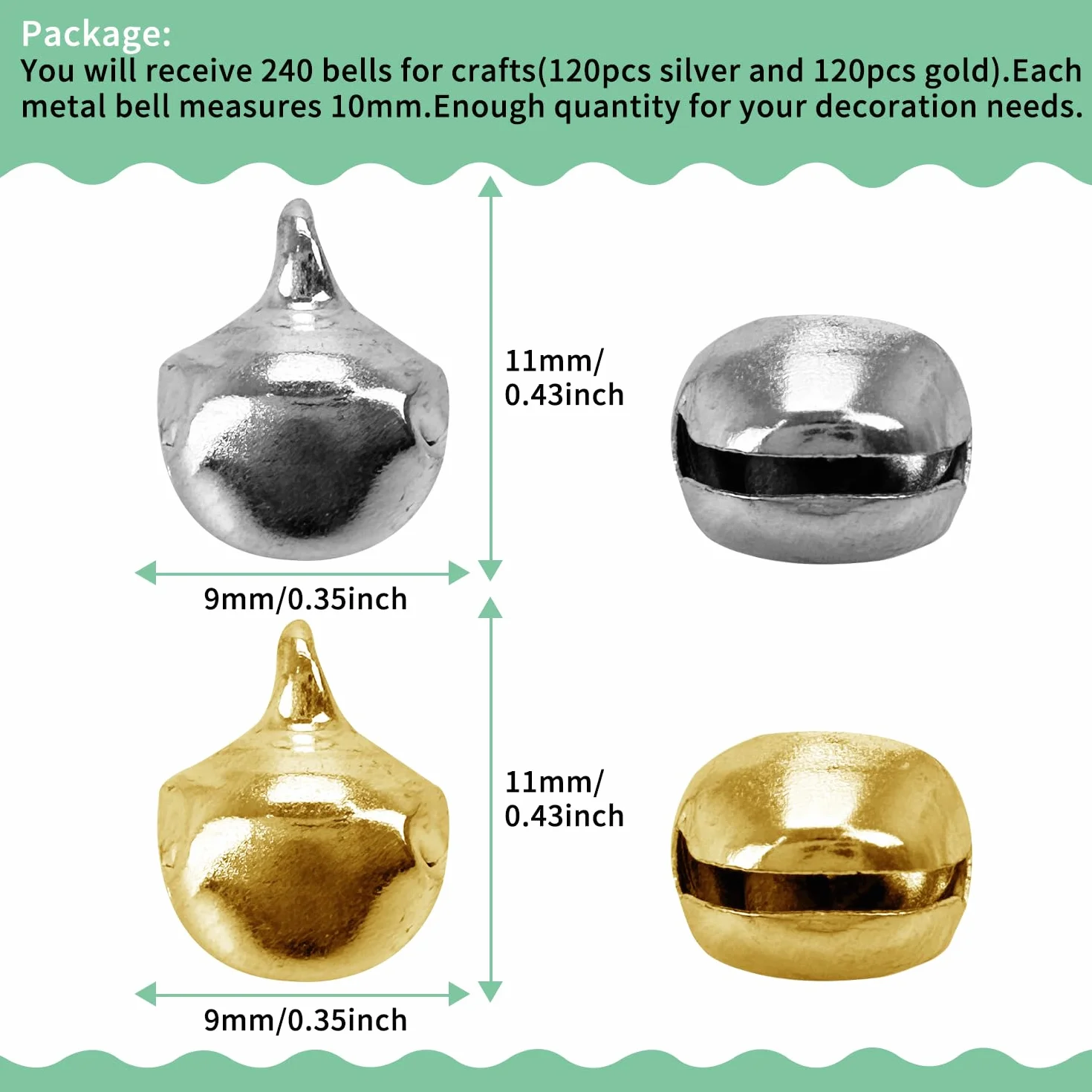 Jingle Bell, małe metalowe dzwonki rzemieślnicze, 240 szt., 9 mm, do samodzielnego wykonania, na festiwal, do domu, dekoracji bożonarodzeniowej, obroży, do produkcji biżuterii (120 szt. srebrnych i