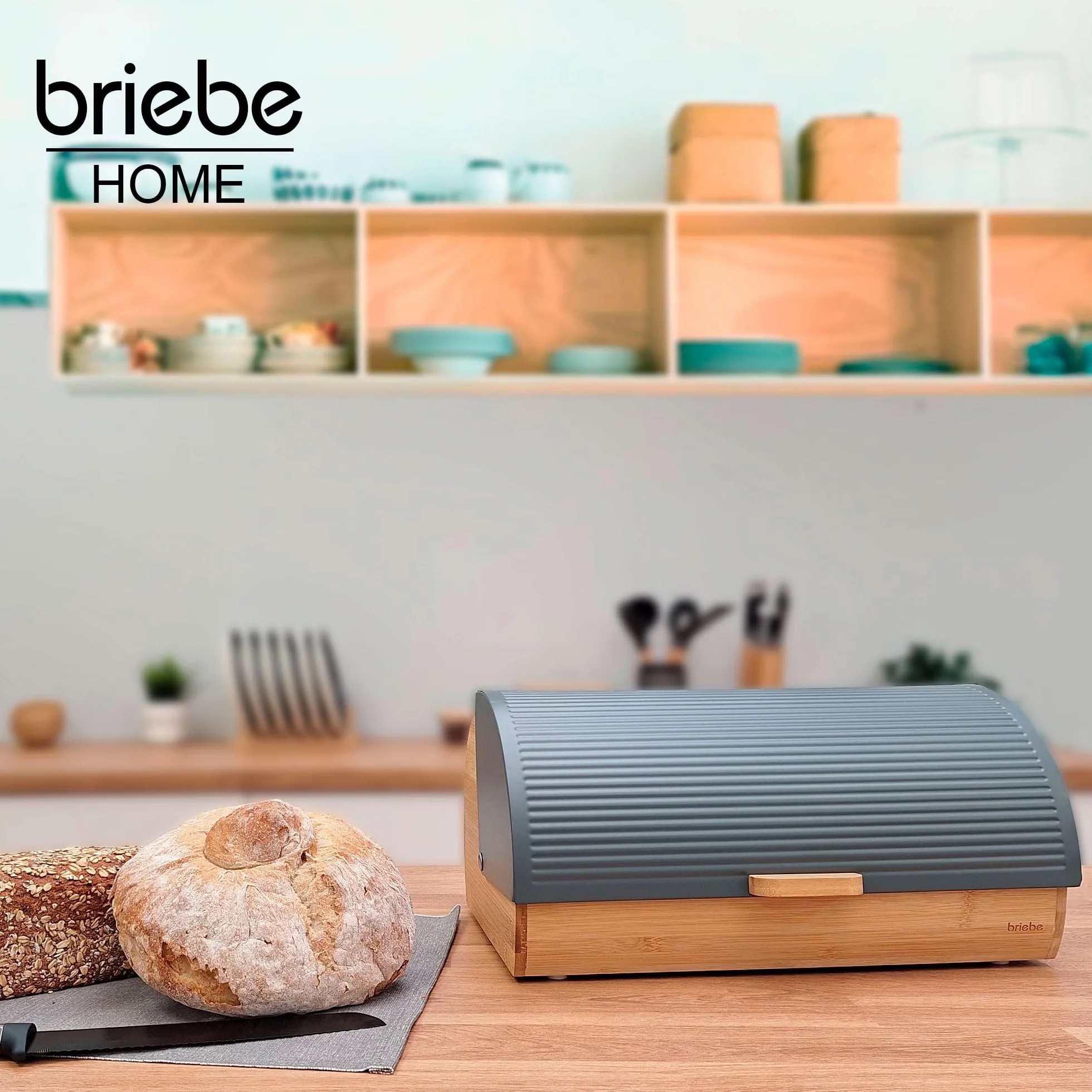 briebe Nordic chlebak do przechowywania chleba stołowego, drewno bambusowe, przesuwana pokrywa, pojemnik na chleb i wypieki, nowoczesny nordycki design, szary
