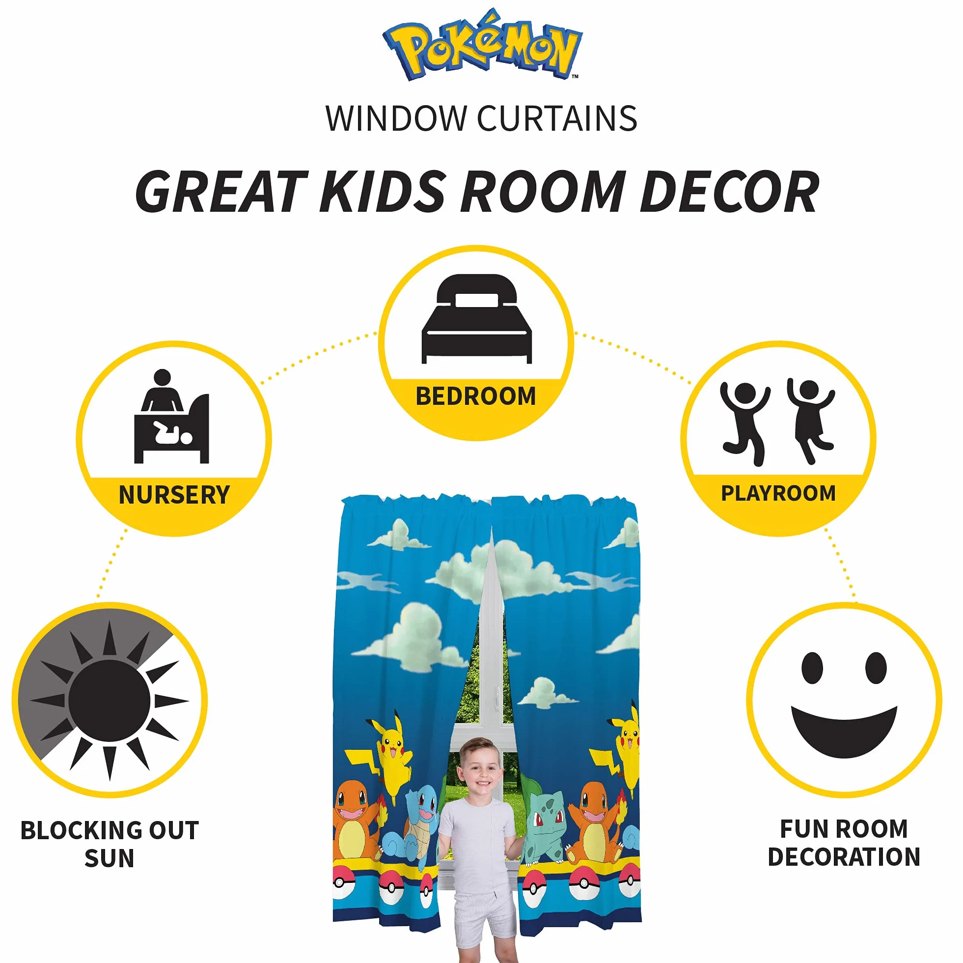 Franco Zestaw zasłon okiennych do pokoju dziecięcego, 208 x 160 cm, Pokemon