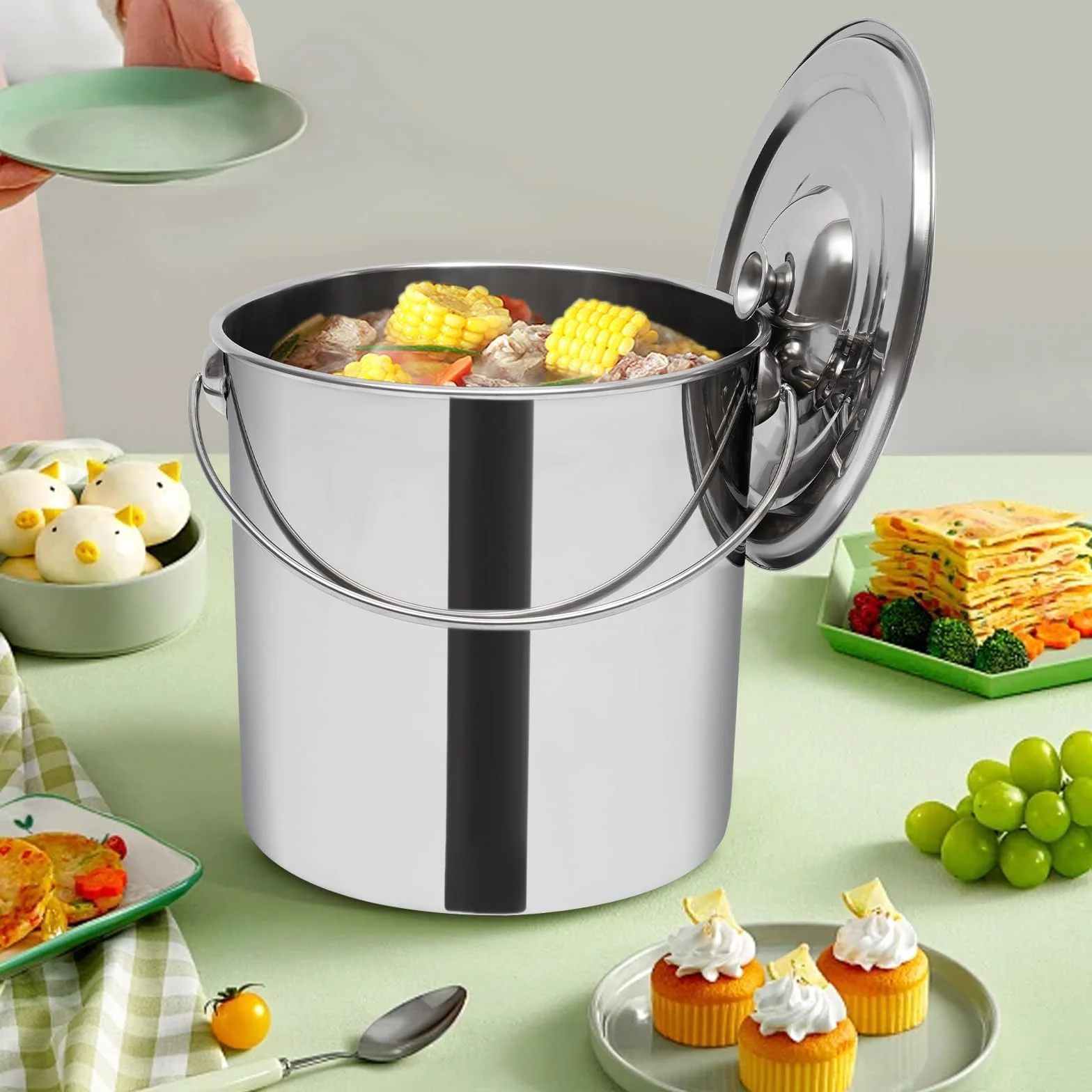 Kosz ze stali nierdzewnej przeznaczonej do kontaktu z żywnością, 20 l, z pokrywką, wykonany ze stali nierdzewnej 304, wzmocnione dno, do kuchni i gastronomii, do przechowywania żywności