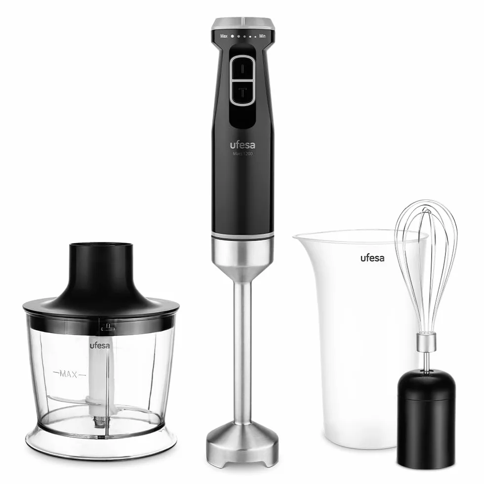 Ufesa Mars Max blender ręczny 1200 W, regulacja prędkości, funkcja turbo, 4 noże o wysokiej wydajności, stal nierdzewna, ergonomiczny design, ochrona przed rozpryskiwaniem, miarka, rozdrabniacz i