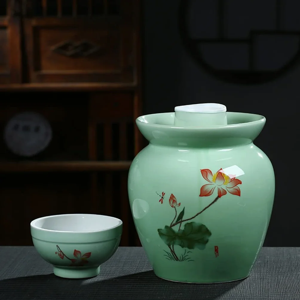 Zagęszczony ceramiczny słoik fermentacyjny, zielony wzór porcelanowy słoik do wytrawiania, garnek kimchi z pokrywką ceramiczne przechowywanie żywności zamknięte pojemniki, uszczelka wodna