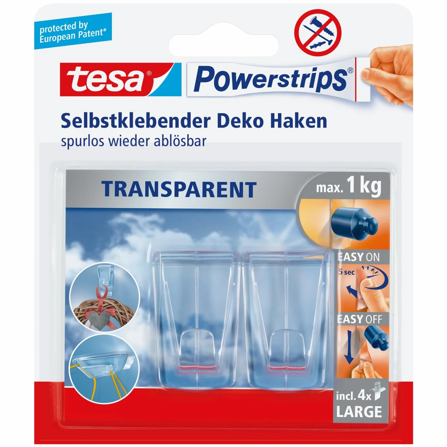 Tesa Haczyki Samoprzylepne, do 1 kg mocy na haczyk, 2 sztuki, Przezroczysty