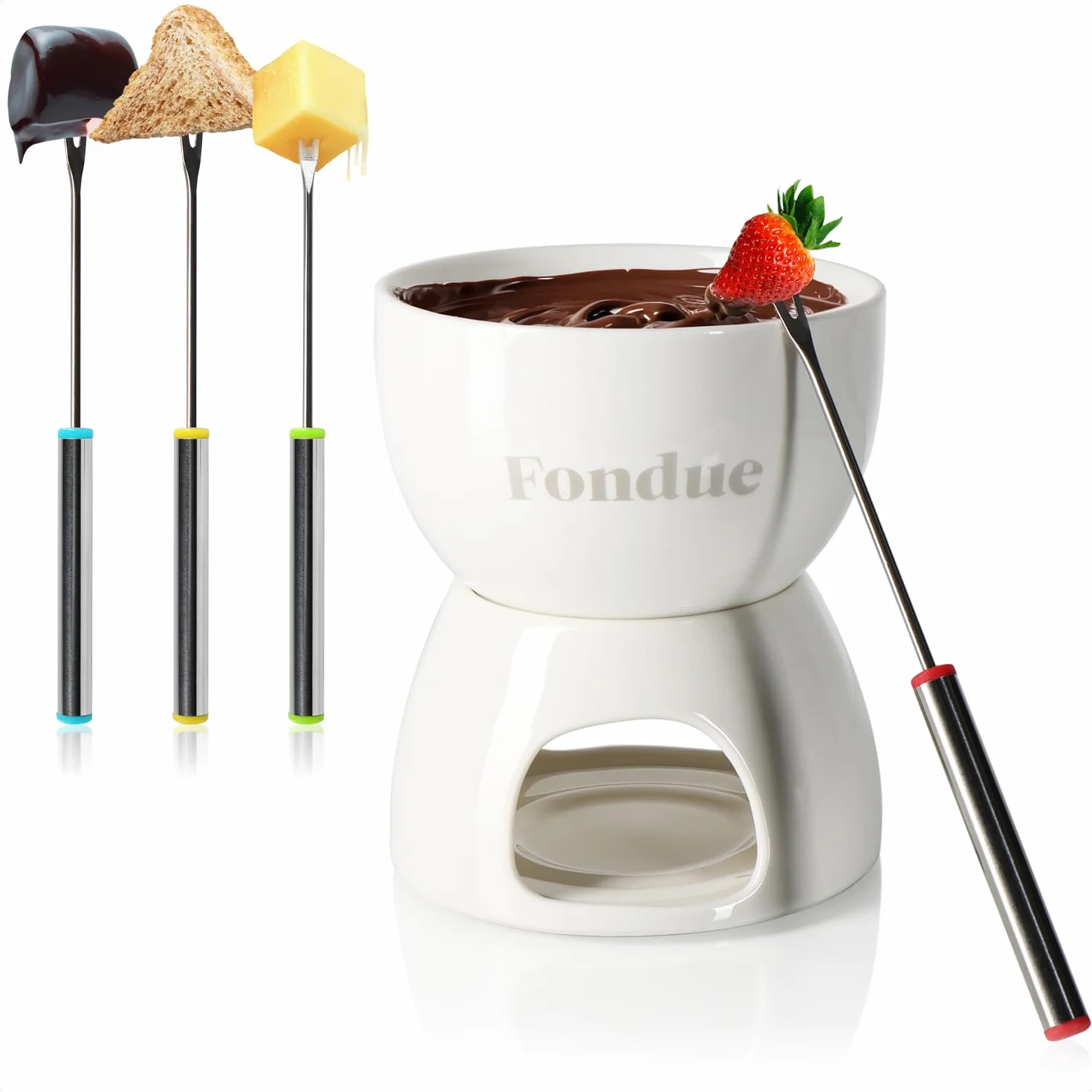 COM-FOUR® Zestaw do czekoladowego fondue Premium - miska ceramiczna z podstawka na podgrzewacz i 4 widelcami - tygiel do czekolady i sera - tygiel - miska do dipów deserowych dla 4 osób (bialy)