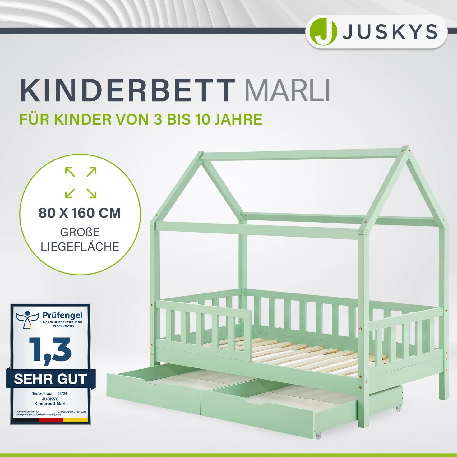 Juskys® Łóżko dziecięce Marli 80 x 160 cm ze skrzynią na pościel, 2-częściowe, ochrona przed wypadnięciem, stelażem i dachem – łóżko domowe z litego drewna dla dzieci – łóżko w kolorze miętowym