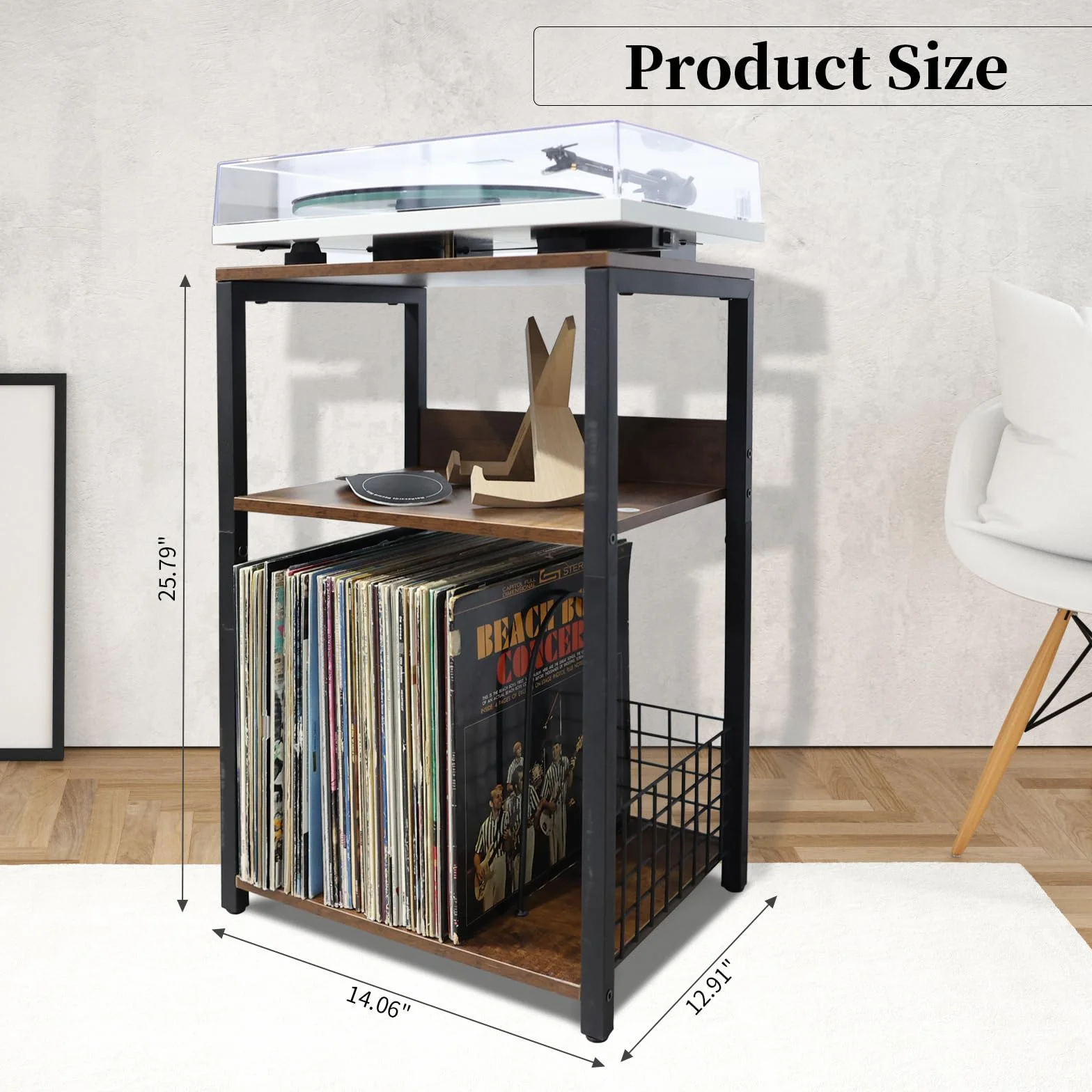MayRecords Stojak na gramofon, stolik pomocniczy z 3-poziomowym uchwytem na płyty winylowe, metalowy stolik pomocniczy, do przechowywania do 100 albumów, brązowy stojak na odtwarzacz do salonu