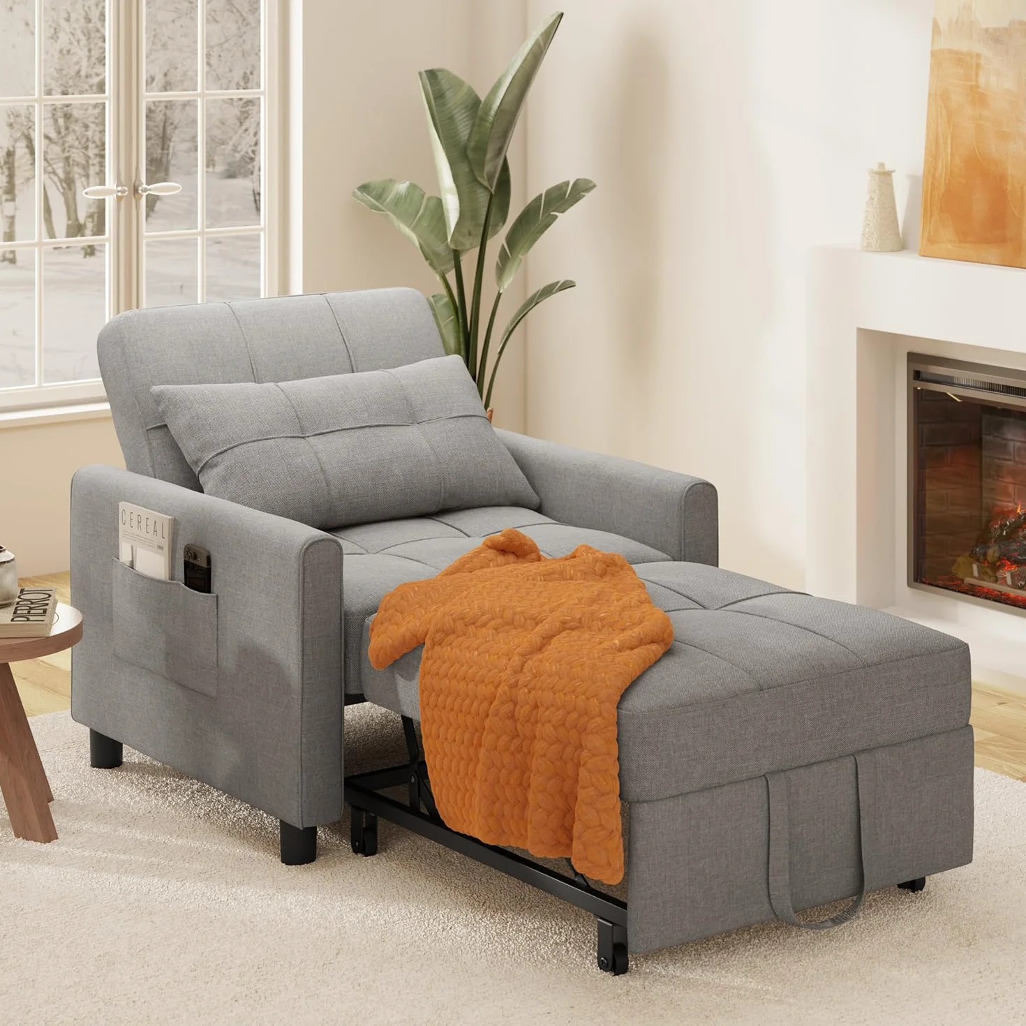 Fotel Do Spania 3 w 1 Rozkładana Sofa z Poduszkami i Kieszeniami Boczny, Jasnoszary