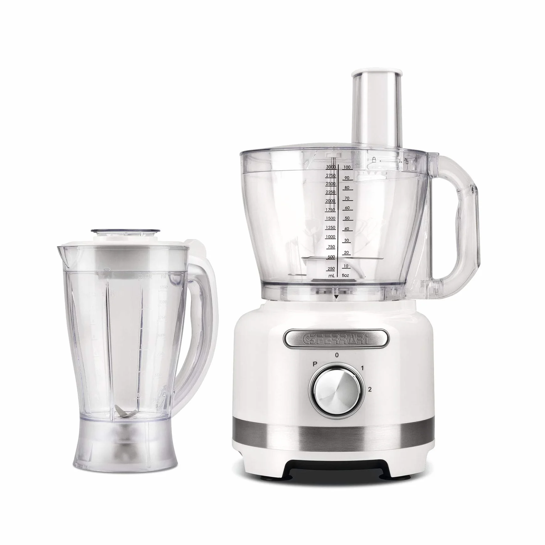 G3 Ferrari G20099 Robot wielofunkcyjny mikser 1000 W, miska 3 l, 2 prędkości pulsu, 3 x odwracalne tarcze ze stali nierdzewnej, w zestawie blender 1,5 l, biały/nierdzewny
