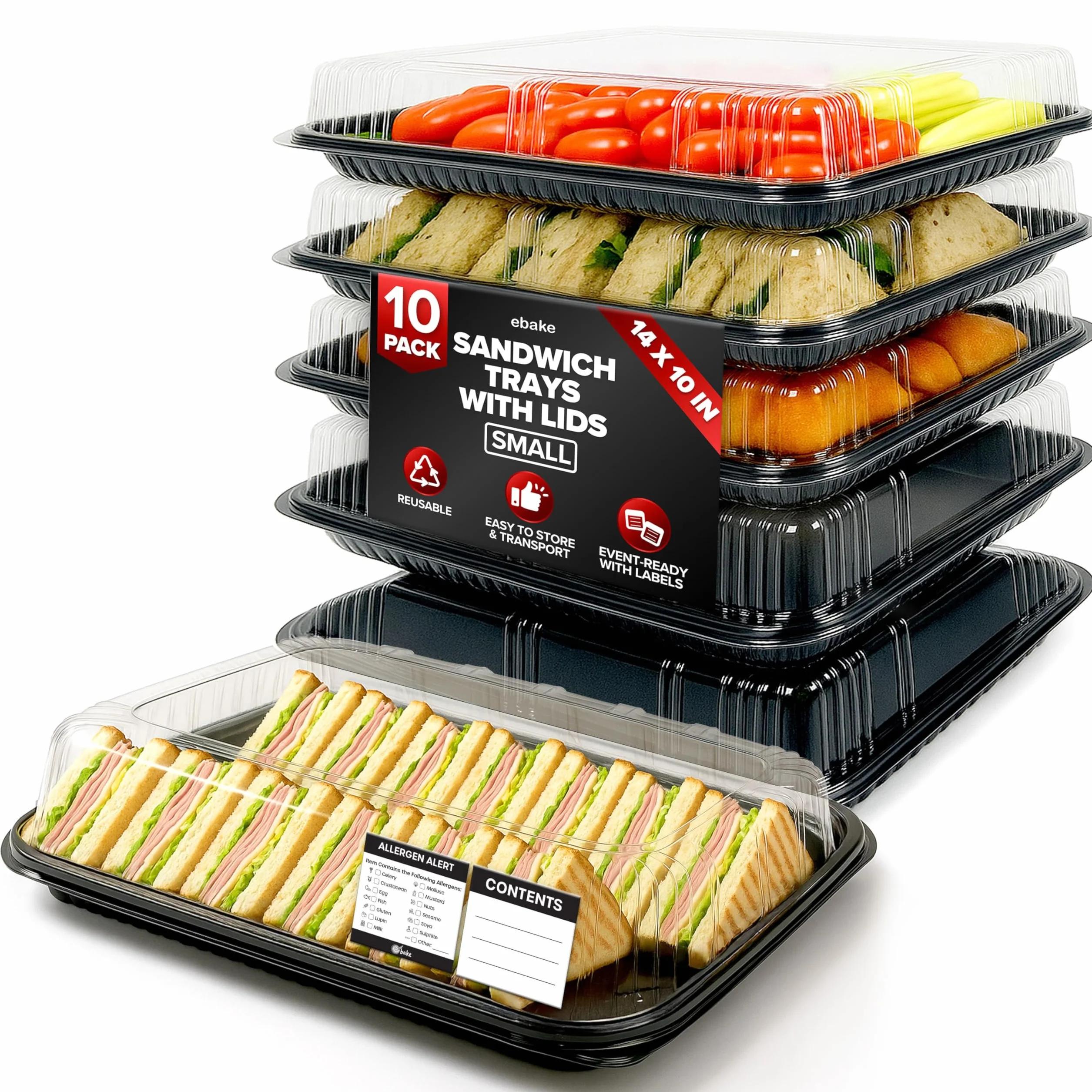 ebake Tacki na Tacę z Pokrywkami - 10 Sztuk Tacki na Tacę do Ponownego Użytku z Pokrywkami i Naklejkami (34 x 24,5 x 7,4 cm) - Tacki na Przekąski, Kanapki, Przekąski, Sushi i Przygotowanie Posiłków