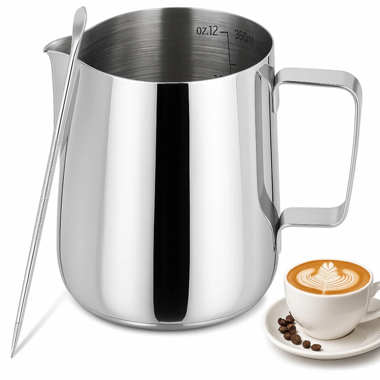 KITDAHOM ręczny dzbanek do spieniania mleka ze stali nierdzewnej 350 ml ze skalą dozownik do śmietany w zestawie z igłą do latte art