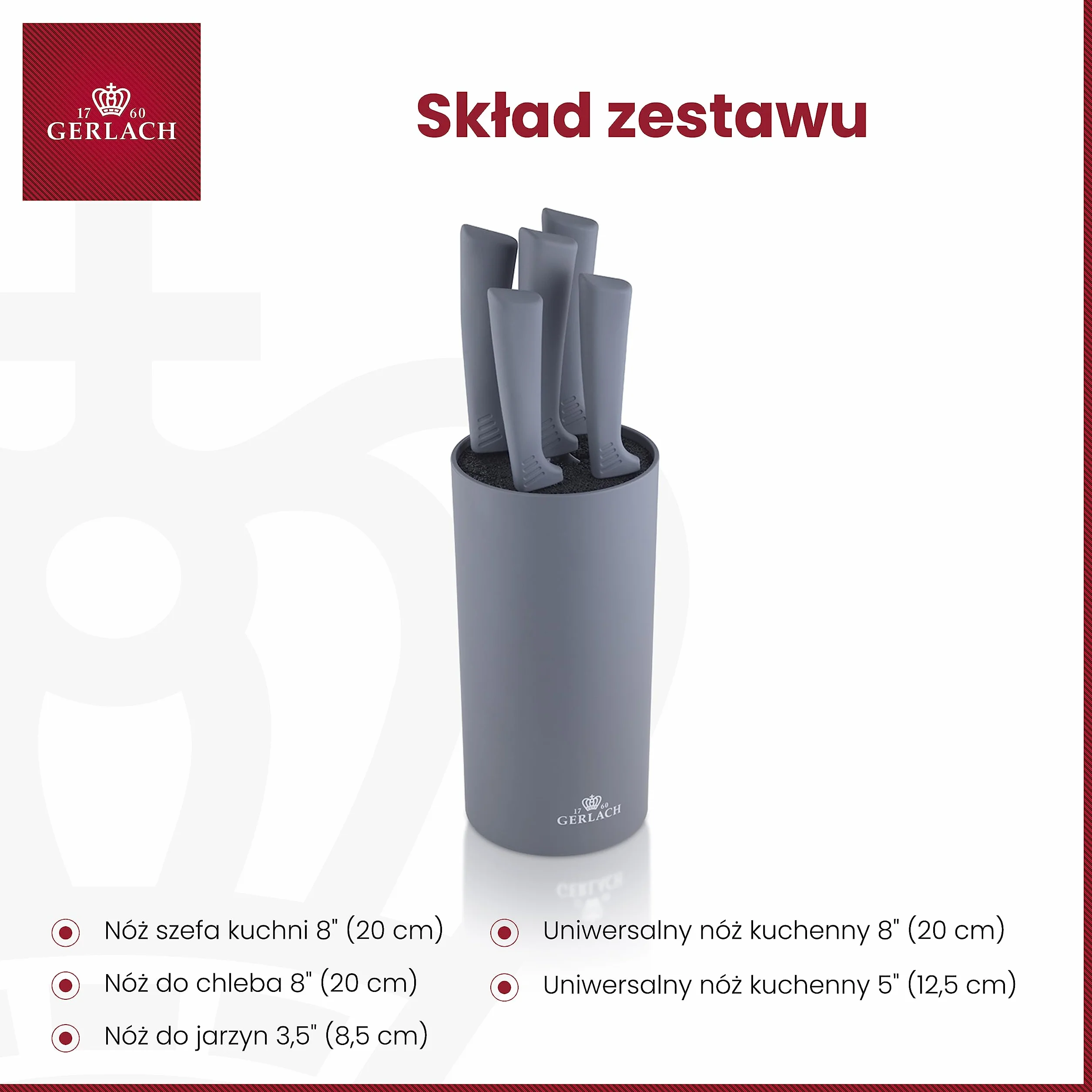 Gerlach Smart Grey Zestaw Noży W Bloku Stal Nierdzewna 5 Ostrzy Nóż Kuchenny