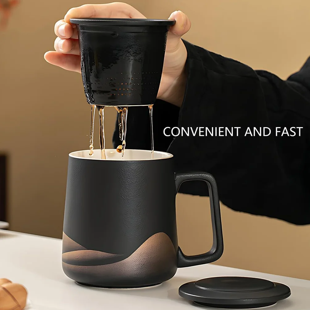 Filiżanka do herbaty z pokrywką i sitkiem, 360 ml, z sitkiem do herbaty i pokrywką, matowa, ceramiczna, prezent dla miłośników herbaty, ręcznie spryskiwana, czarna glazura