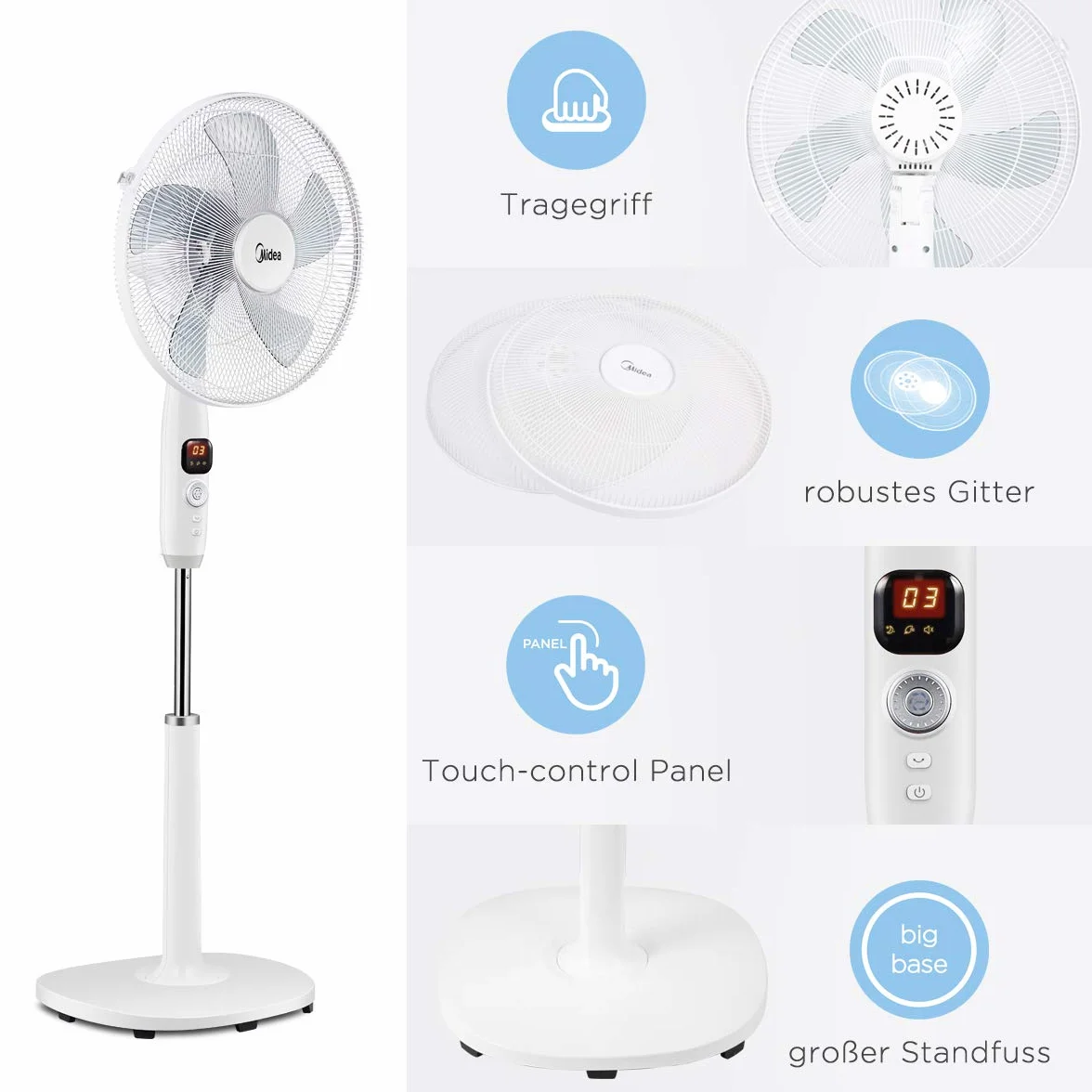 Midea FS40-16CR DC wentylator stojący, cichy, z pilotem zdalnego sterowania, 12 prędkości, timer 12 h, 4 tryby, wskaźnik LED, energooszczędny, 27 dB, regulacja wysokości, cyrkulacja powietrza, biały