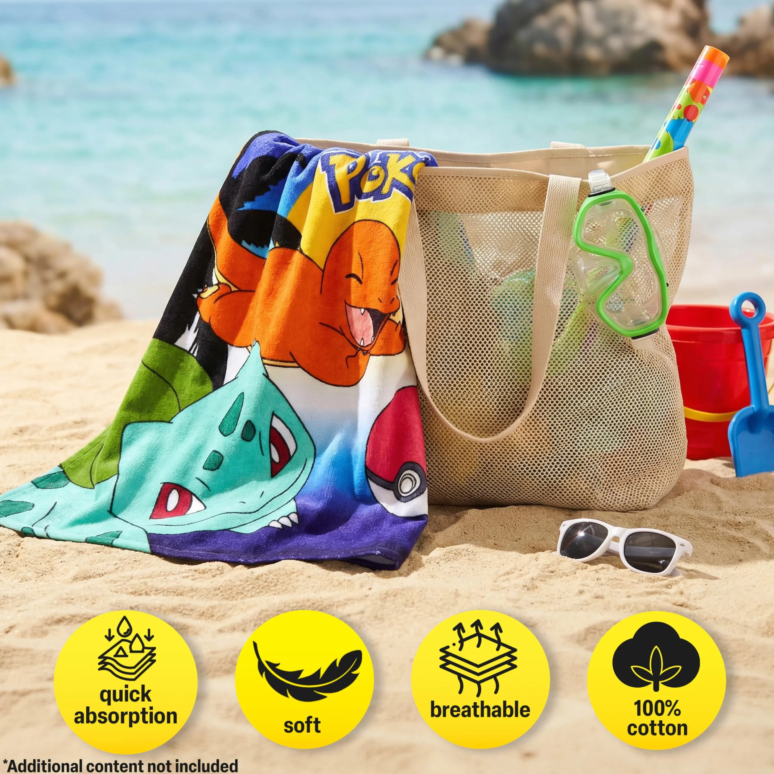 Pokemon Ręczniki z kapturem dla chłopców, bawełniane ponczo kąpielowe, plażowe, miękkie i chłonne, z kapturem, pod prysznic, basen, niezbędne rzeczy w podróży i wakacjach, wiele pokemonów