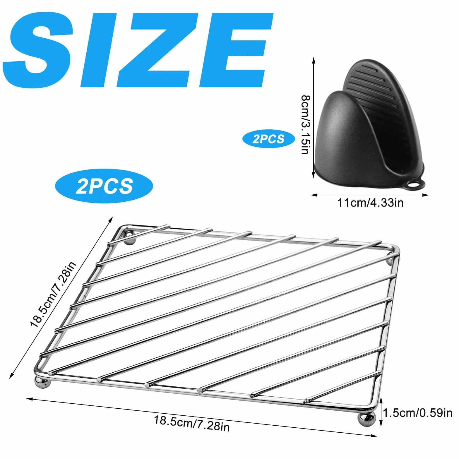 2 szt. metalowych podstawek pod garnki, 18,5 x 18,5 cm, z 2 silikonowymi uchwytami do garnków do misek kuchennych, małych patelni, dzbanków do kawy, dzbanków do herbaty