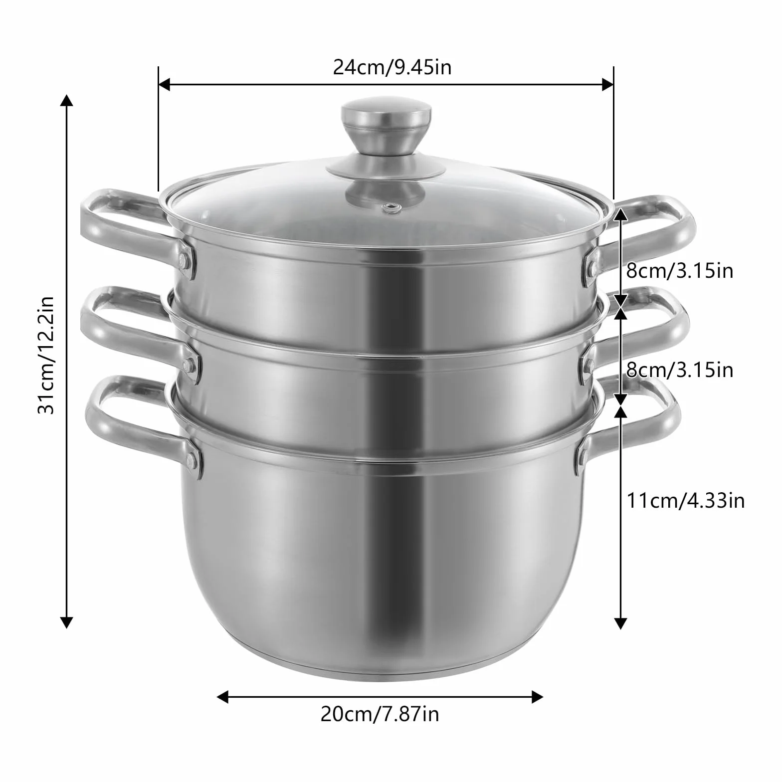 3-poziomowy parowar, zestaw ze stali nierdzewnej z dwoma wkładami parowymi, 1,2 l, 20 cm, nadaje się do mycia w zmywarce, garnek do gotowania na zupie, garnek do gotowania ze szklaną pokrywą, parowar,
