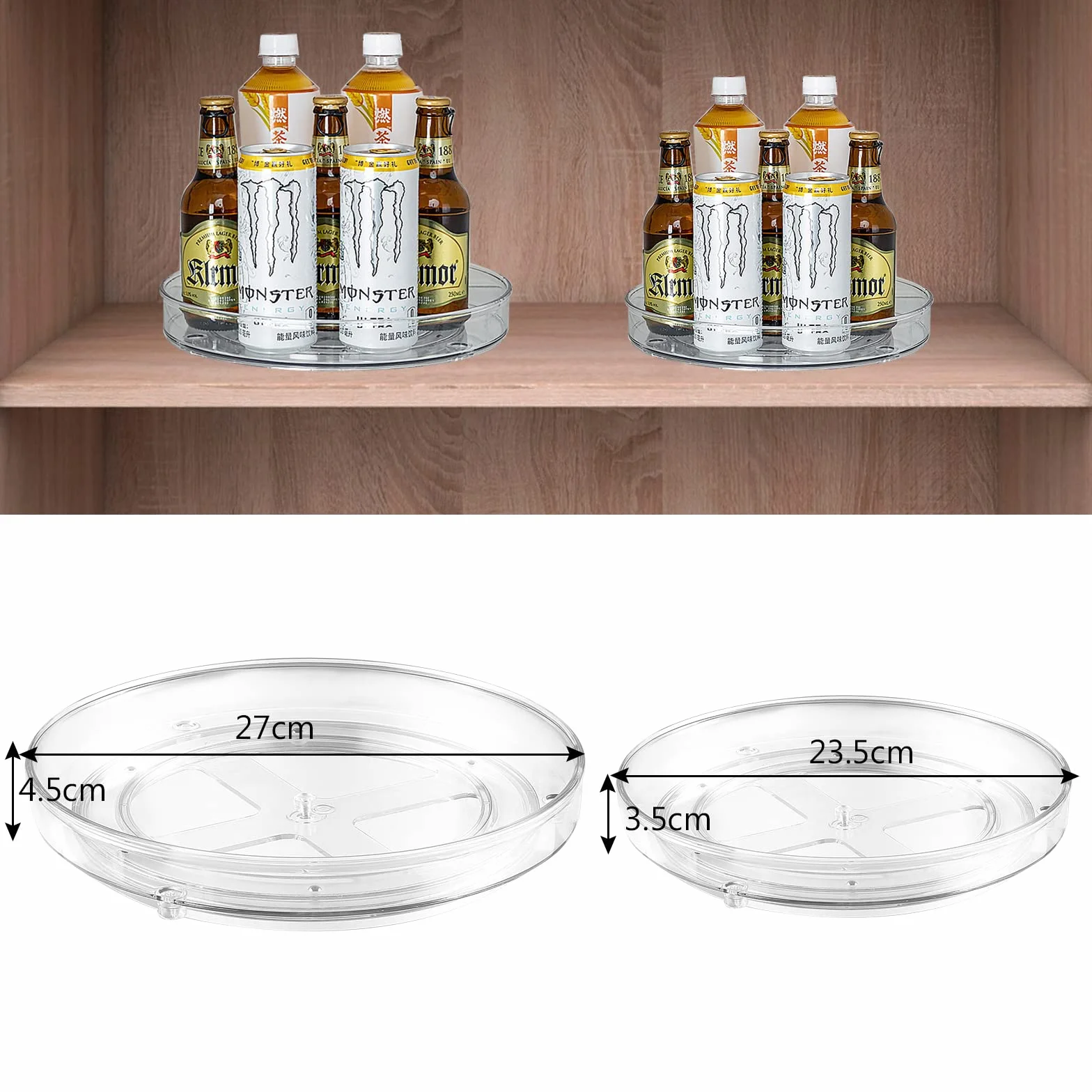 Lazy Susan talerz obrotowy do lodówki, 27 cm + 23,5 cm, talerz obrotowy, uchwyt na przyprawy, obracany o 360°, organizer kuchenny do przechowywania oleju, przypraw, dżemów, zapasów, 2 szt