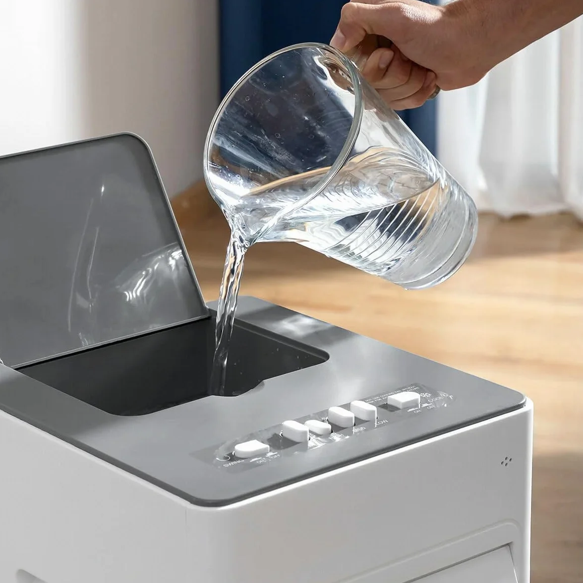 Przenośna chłodnica powietrza 5 l, klimatyzator parowy 4 w 1, wentylator nawilżacza oczyszczacza powietrza, 3 prędkości, 2 akumulatory zimna, automatyczna oscylacja, 65 W