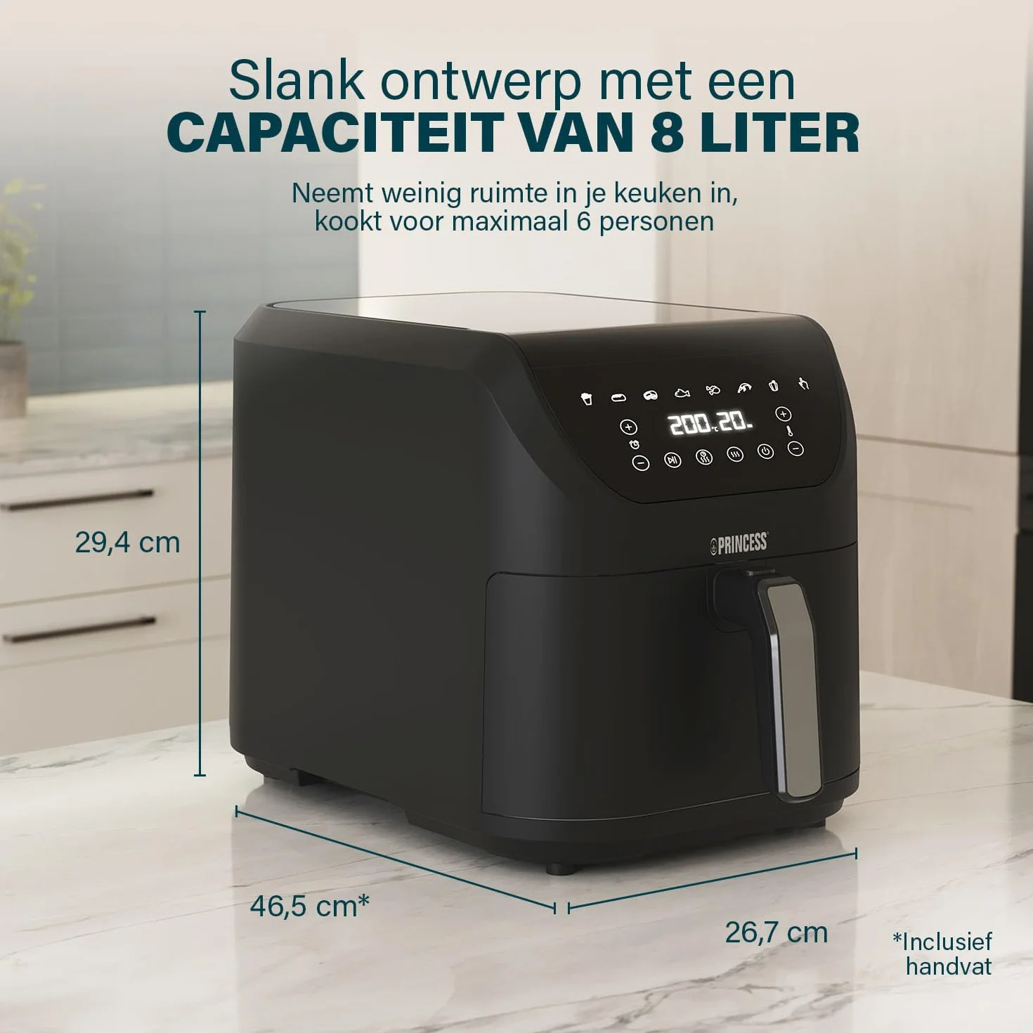 Princess SlimFry bezolejowa frytkownica, oszczędzająca miejsce, bez BPA, 8 l, 8 programów, regulowana temperatura i timer, 2000 W, 182256
