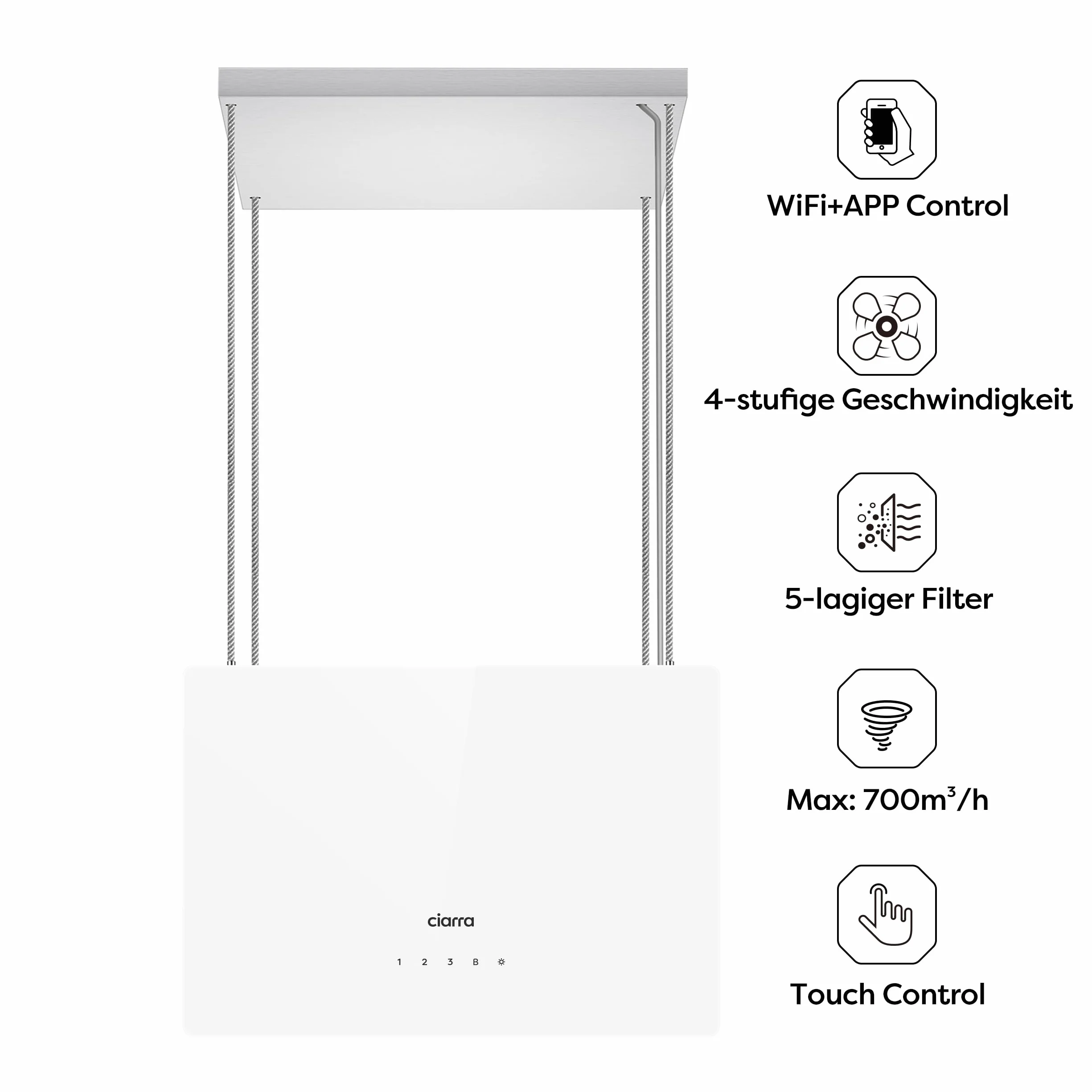 CIARRA CBCS4850 wyspowy okap kominowy klasa A++ 48cm 700m³/h WiFi & Touch Control Filtr węglowy w zestawie 4 prędkości 2 światła LED Biały
