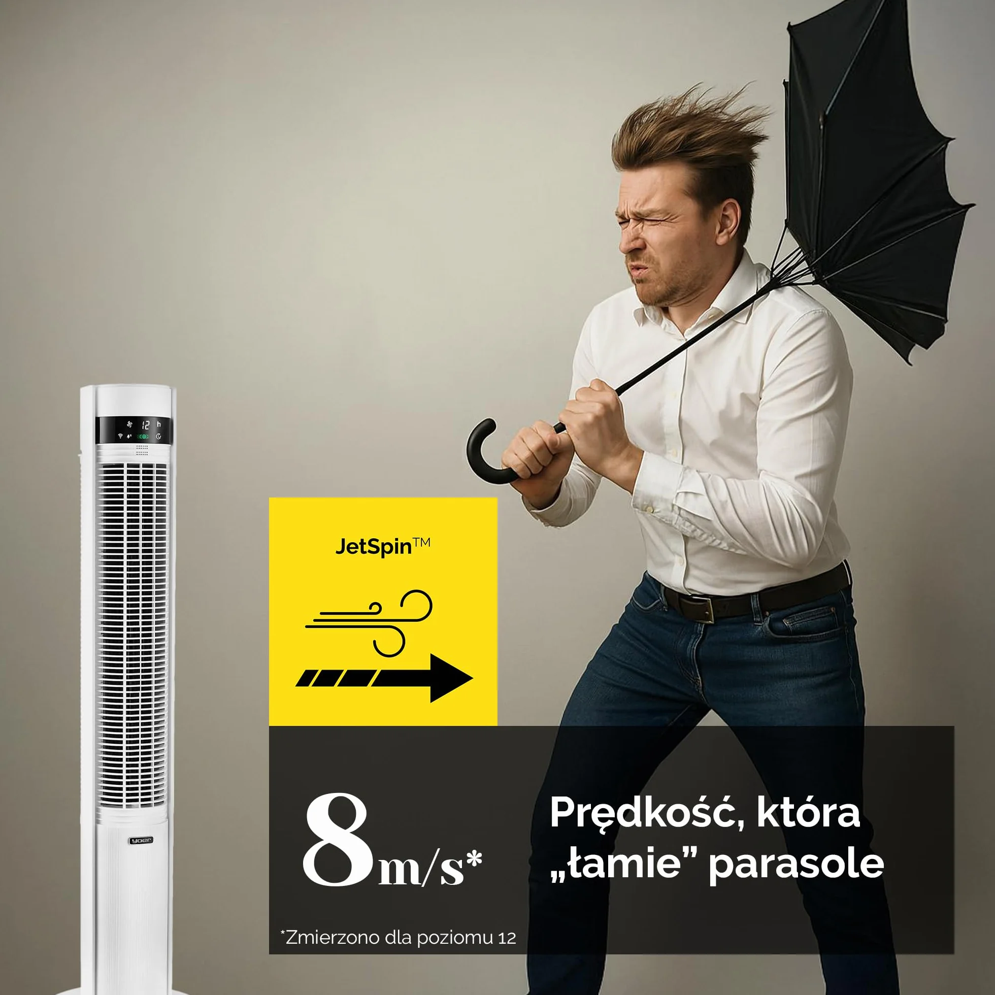 Yoer 19dB Cichy Wentylator kolumnowy, Jonizator plazmowy, 12 m Zasięg nawiewu, 12 Prędkości pracy, 3 Tryby pracy, 12h Timer, 80° Oscylacja, Pilot zdalnego sterowania, CoolWhisper TF07W, biały