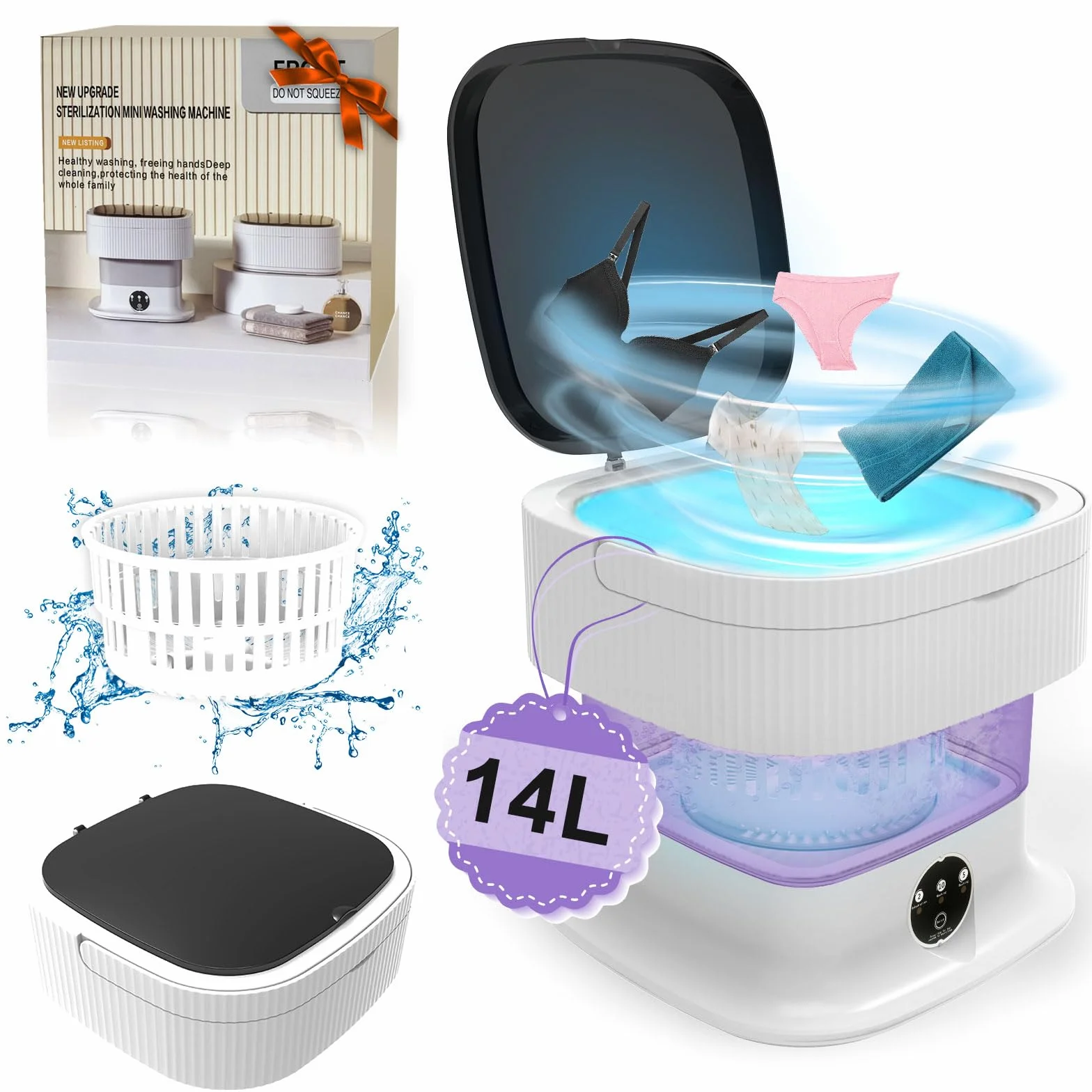 Składana mini pralka, 2 w 1, 12 l, składana, głębokie czyszczenie bielizny, innych małych ubrań, 60 W, przenośna pralka z koszem odpływowym do mieszkania, hotelu