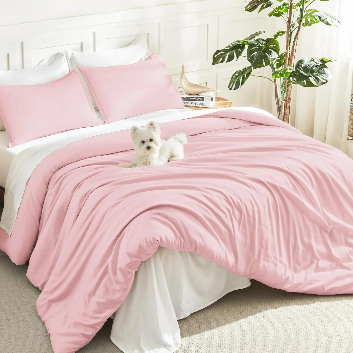 Litanika 3-częściowy komplet pościeli w rozmiarze full size, lekki, uroczy, miękki, jednolity zestaw pościeli całorocznej (kołdra 200 x 229 cm i 2 poszewki na poduszkę), różowy