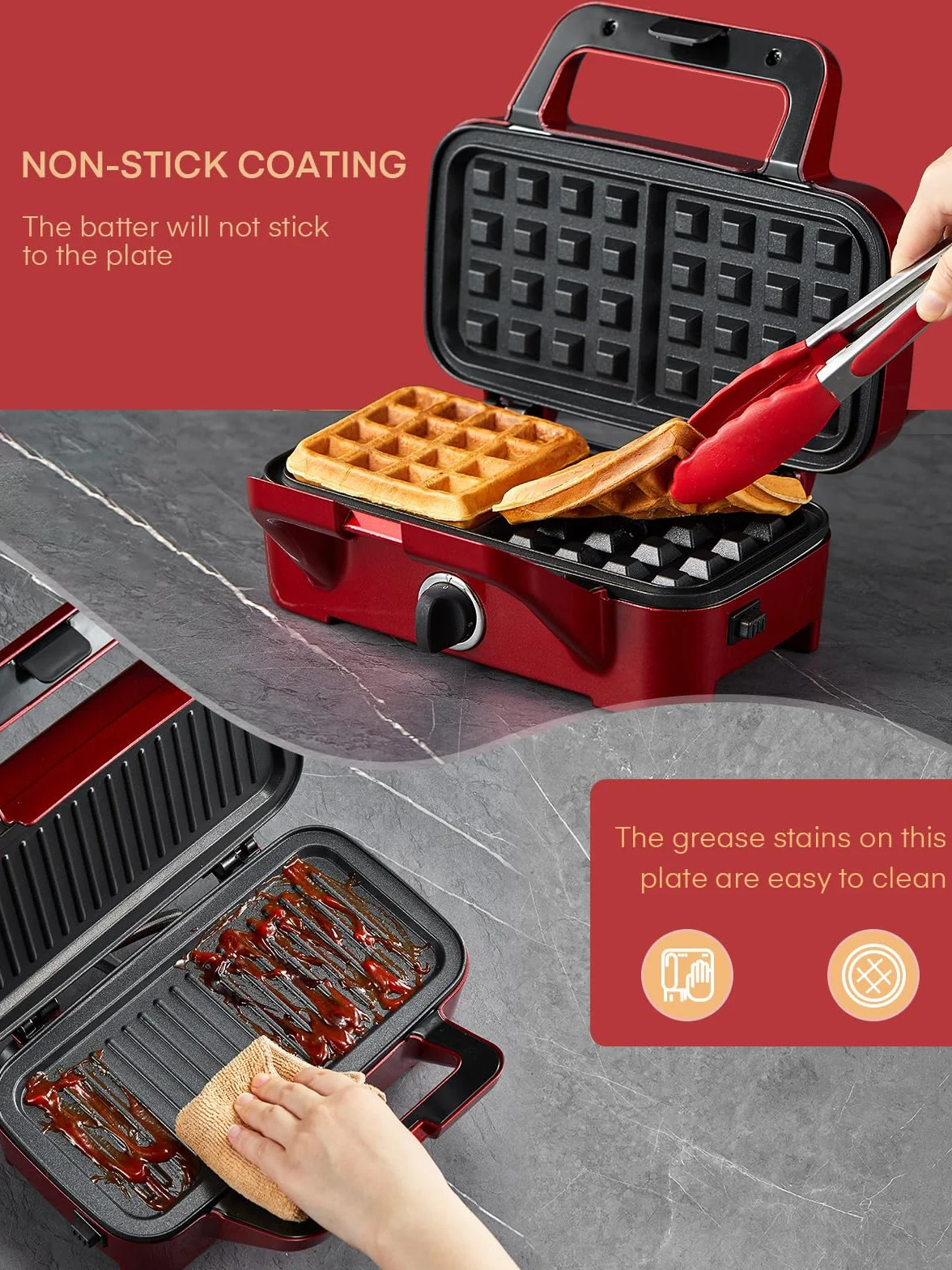 Toster 1200W, opiekacz do kanapek/grill/gofrownica 3 w 1, 5-biegowa regulacja temperatury, powłoka nieprzywierająca, uchwyt zapobiegający oparzeniom, czerwony