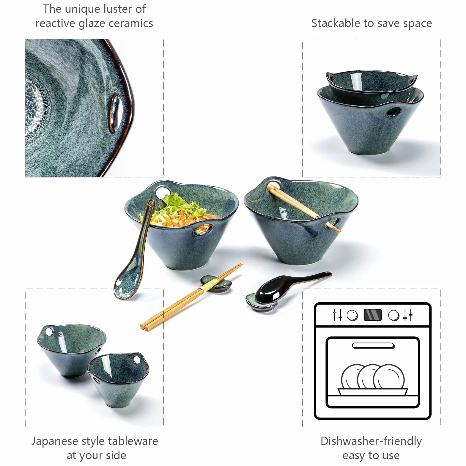 Ramen miska na zupę, zestaw misek na zupę wraz z pałeczkami i łyżeczkami, zielony zestaw ceramiczny dla 2 osób na zupę, ramen i miskę do sushi – 600 ml