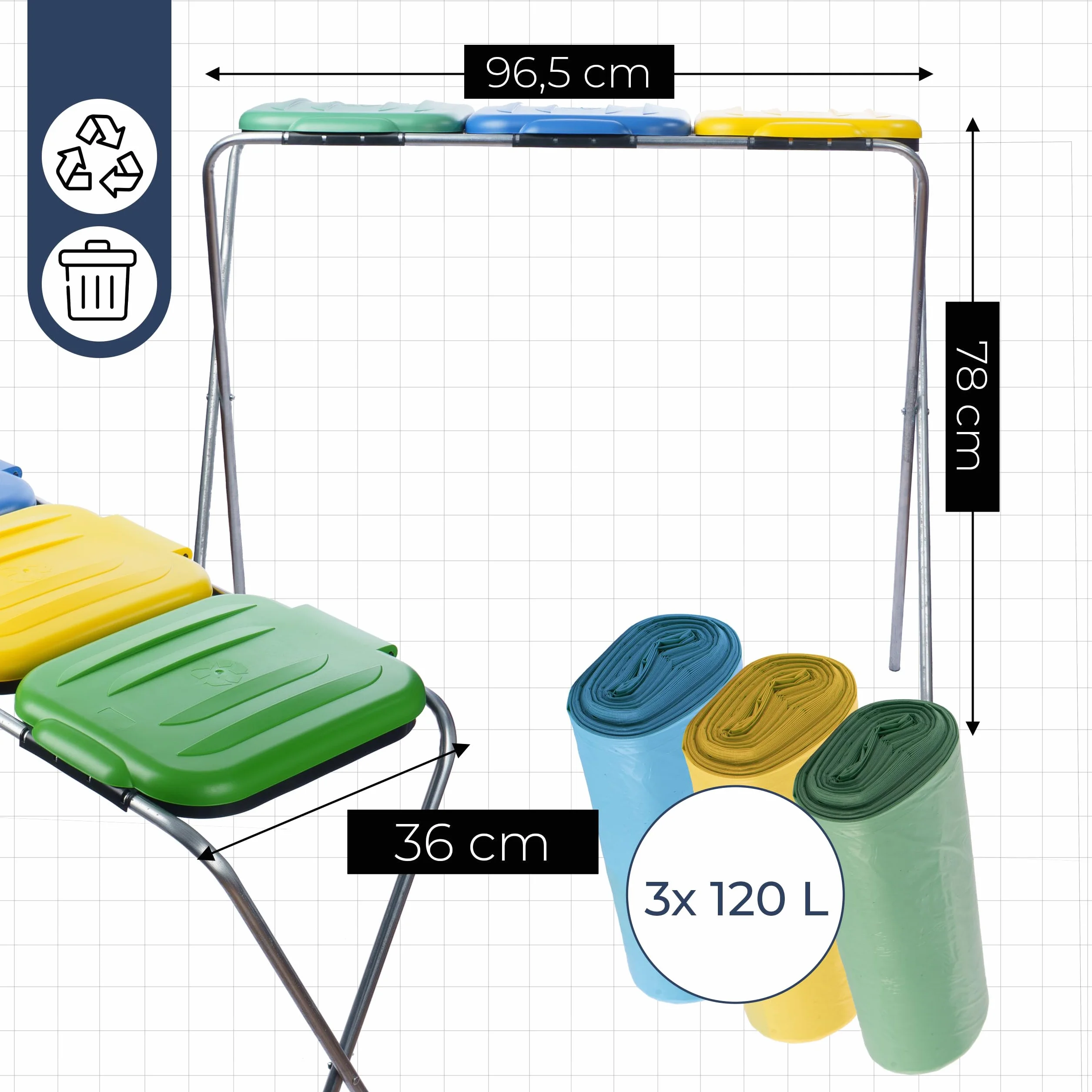 Stojak na Worki do Segregacji Śmieci 96,5x36x78 cm Stelaż Kosz 3 Stanowiska Na Śmieci + kolorowe Worki na Odpady 120L 3 Rolki, kolorowy Uchwyt na Worki z Odpadami z Pokrywą