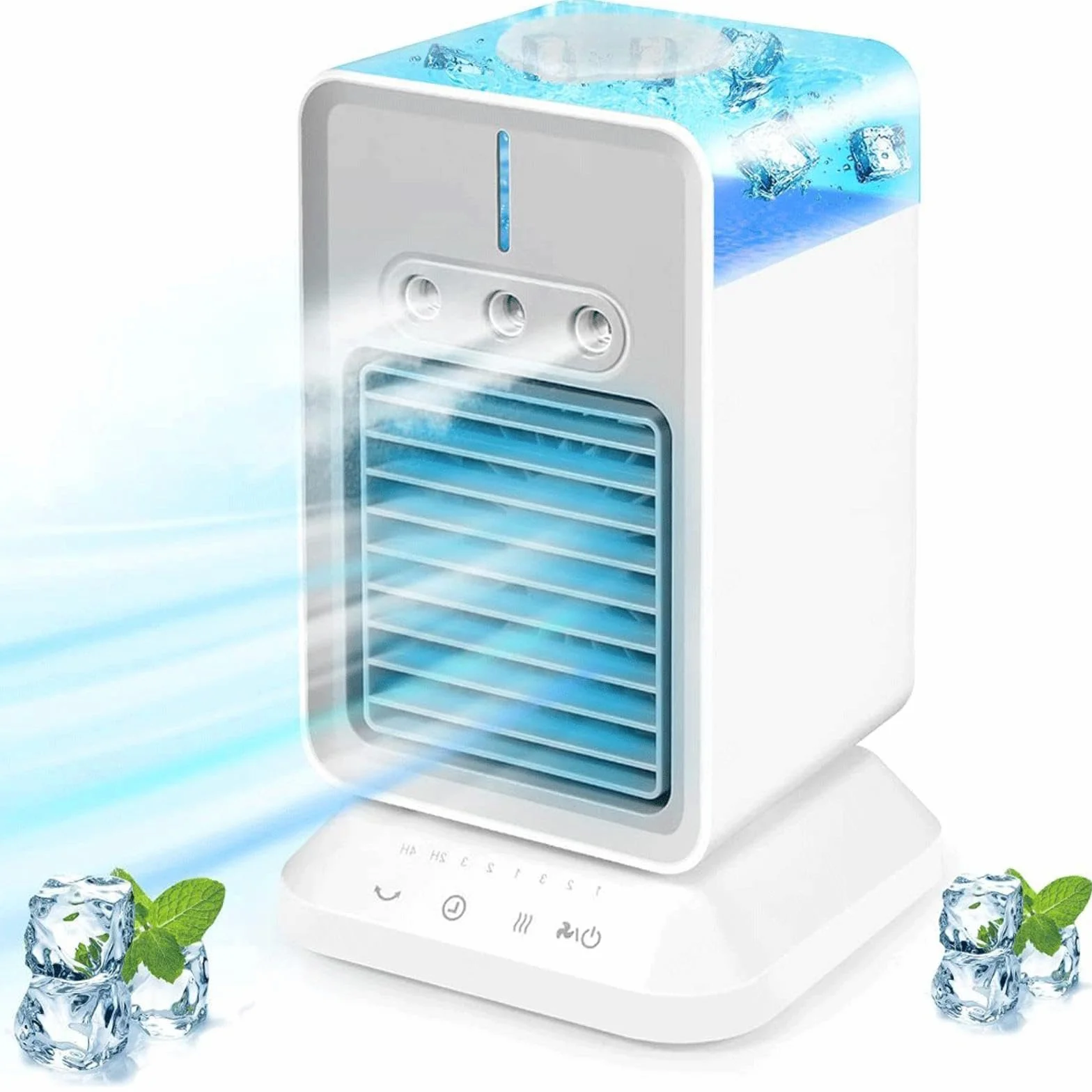 Przenośna klimatyzacja,Klimatyzator 4 w 1, 3 prędkości nawiewu, 3 tryby natrysku, 4 w 1 mini wentylator chłodzący powietrze, 2/4-godzinny timer, 120° oscylacyjny klimatyzator biurkowy do dom