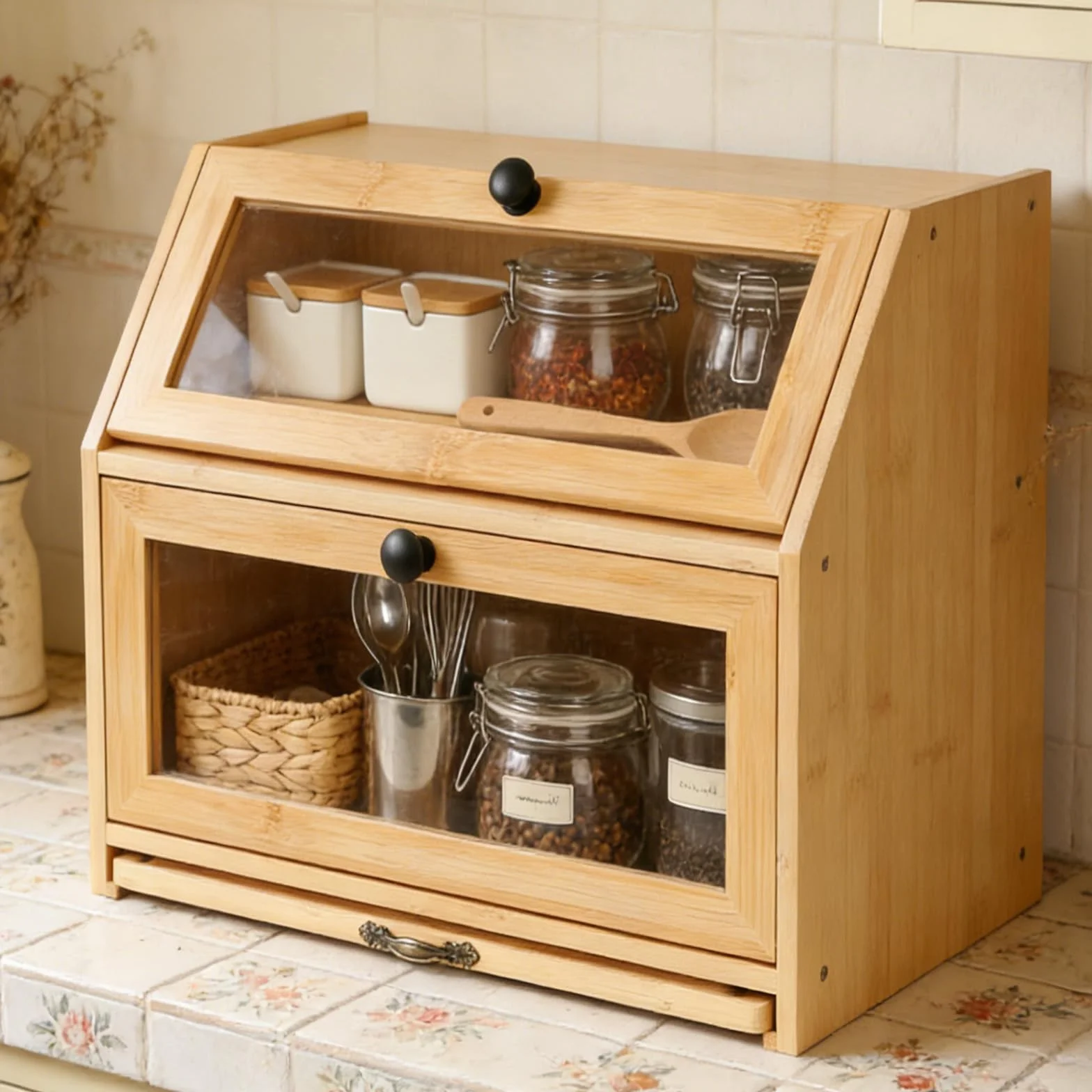 Bambusowy chlebak na chleb, 2 poziomy, organizer kuchenny, drewniany organizer z okienkiem i zamknięciem magnetycznym, pudełko do przechowywania, na tosty, 26 x 39 x 32,5 cm (kolor drewniany)