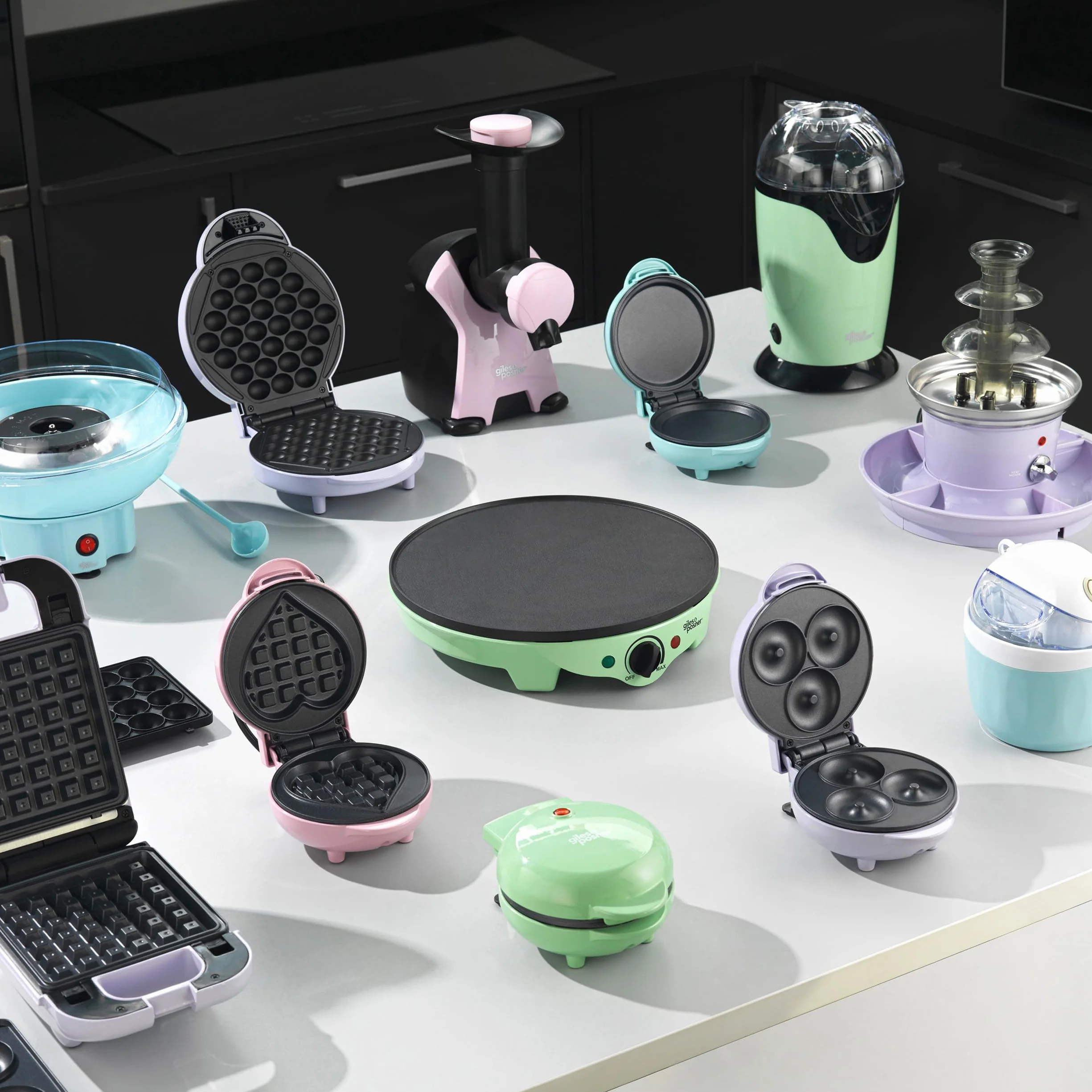 Giles & Posner 3-w-1 Mini Treat Maker – Paczki, Kulki Ciastowe, Gofrownica, Wyjmowane Nieprzywierajace Talerze Kuchenna, Latwe Czyszczenie, Kompaktowy, Wypieki dla Dzieci, Pastelowa Niebieska, 650 W