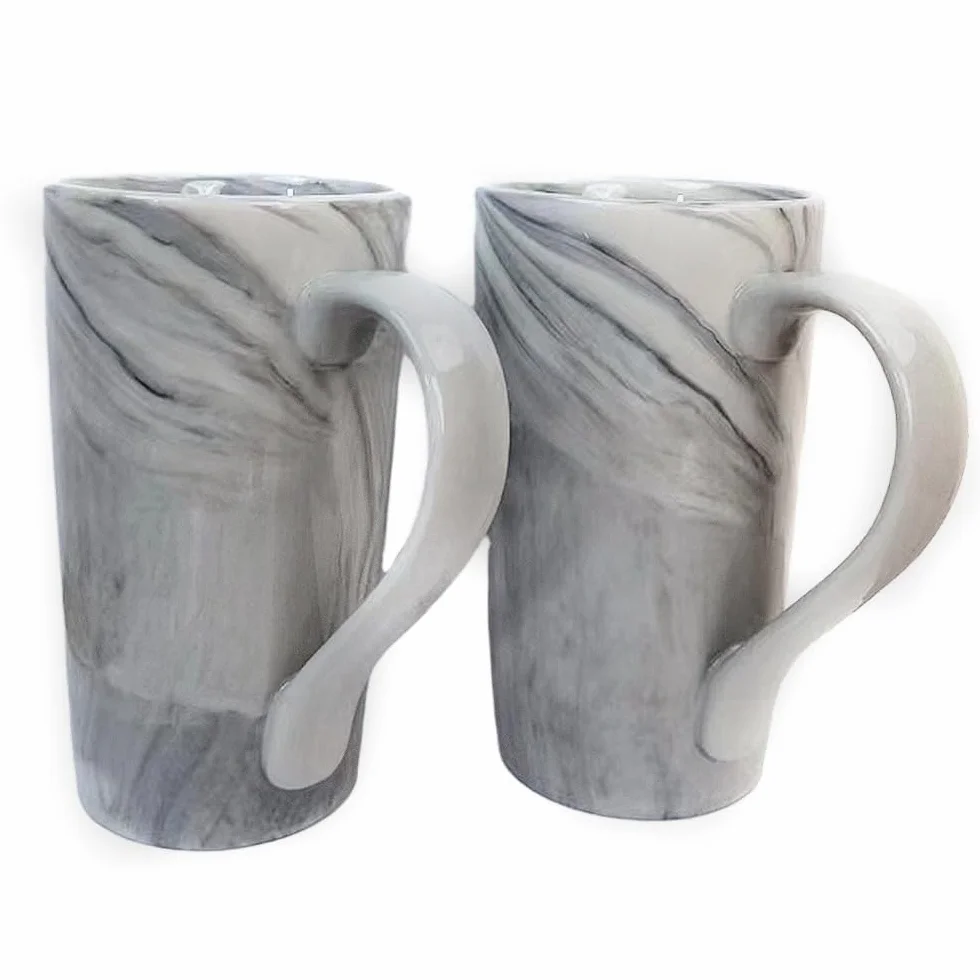 Duże kubki do kawy, marmurowe, ceramiczne, zestaw 2 sztuk, porcelanowe wysokie filiżanki do herbaty z bardzo dużym uchwytem, nowoczesne, stylowe i nastrojowe do kuchni, domu, biura, szare