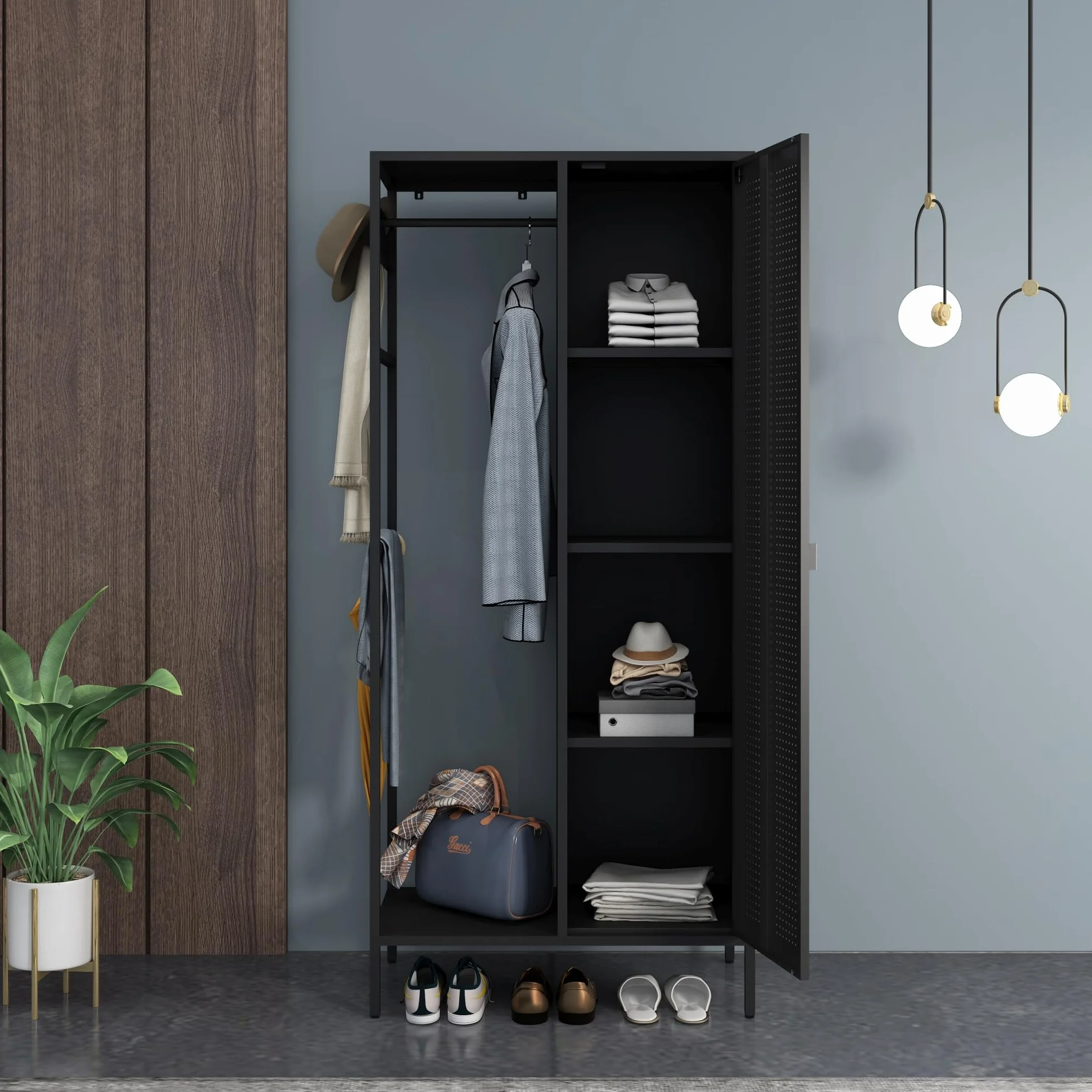 [en.casa] Szafa na ubrania Puumala 180 x 80 x 45 cm, szafa do sypialni, metalowa szafka z 4 półkami i 1 drążkiem na ubrania, metalowa, czarna