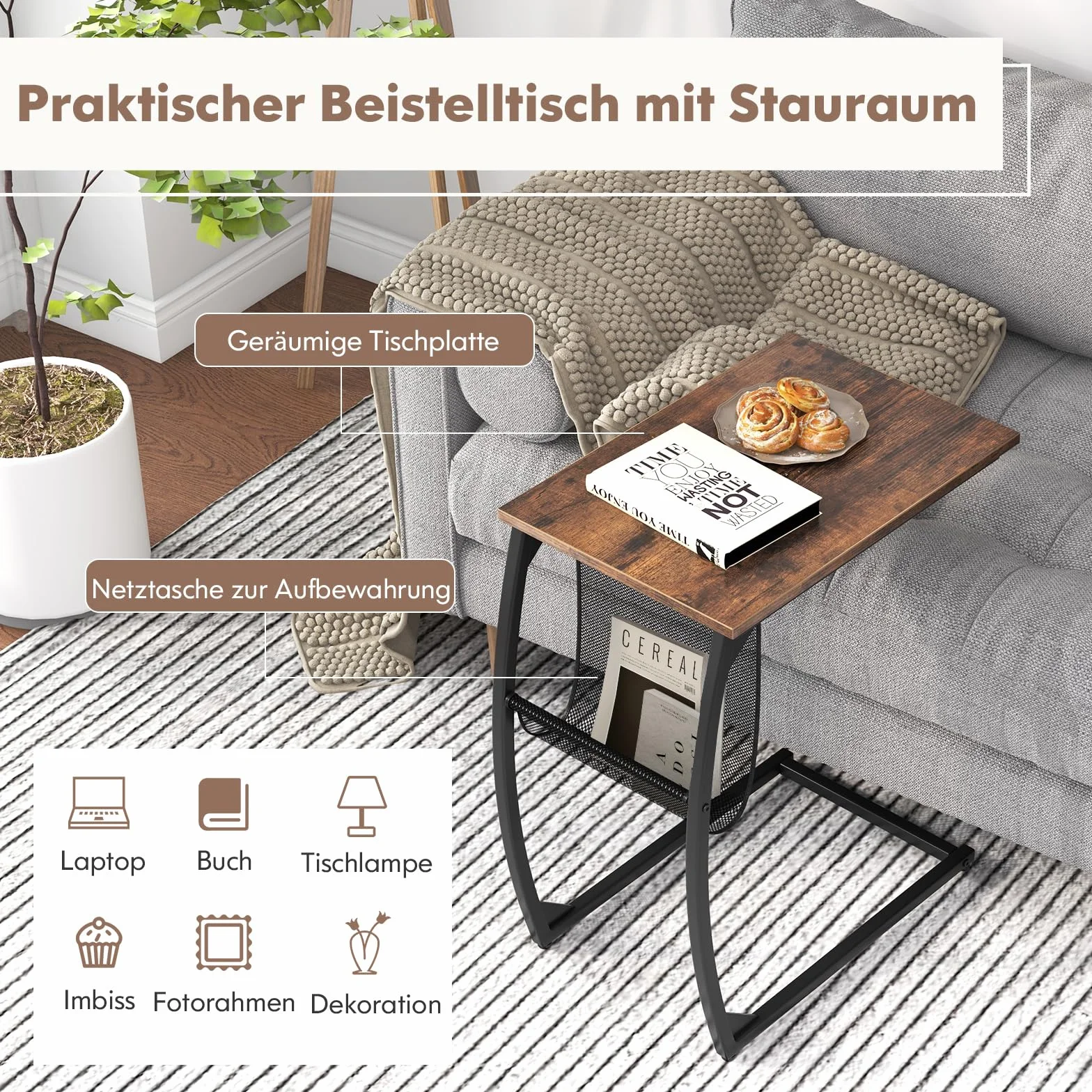 COSTWAY drewniany stolik pomocniczy, metalowy, z kieszenią boczną, stolik pod laptopa, w kształcie litery C, stolik kawowy, wzornictwo przemysłowe, 52 x 35 x 63 cm