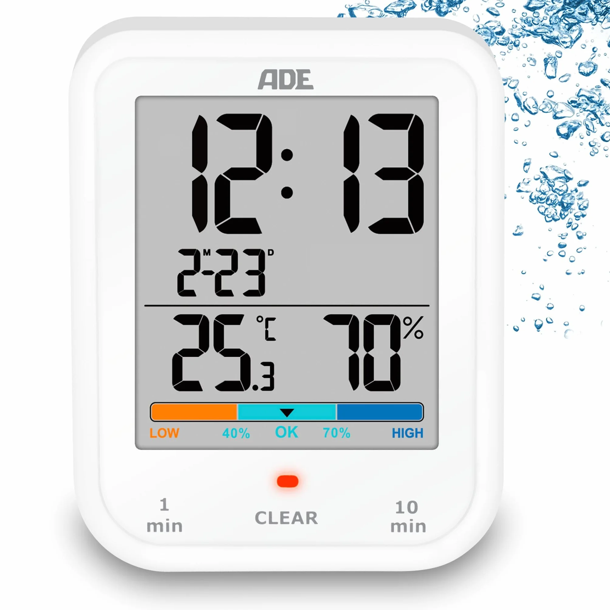 ADE Cyfrowy zegar łazienkowy z higrometrem i termometrem | wodoszczelny zgodnie z IP65 | timer prysznicowy | funkcja odliczania | duży wyświetlacz LCD | ze wskaźnikiem daty | biały