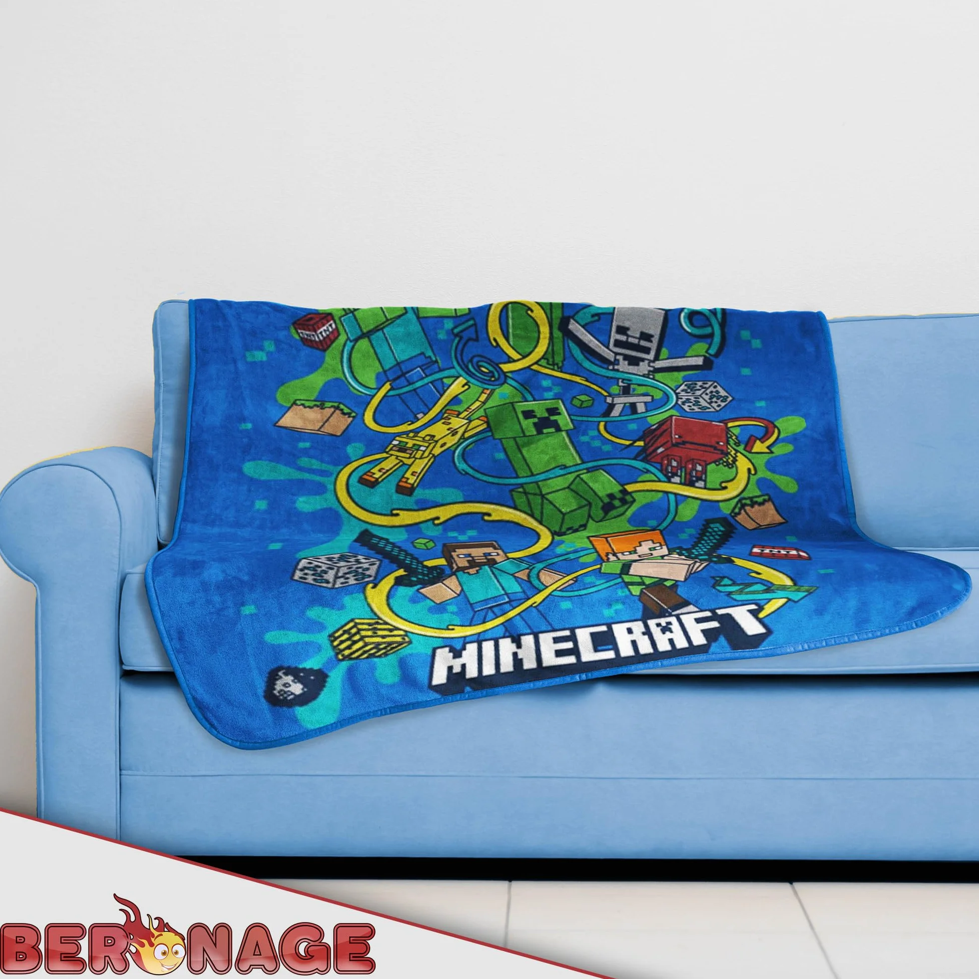 BERONAGE Minecraft Koc do mieszkania, Slurp, 150 x 200 cm, 100% poliester, puszysty flanelowy koc polarowy, koc na sofę, dla dzieci, dorosłych, dla graczy, prezent, artykuł licencjonowany