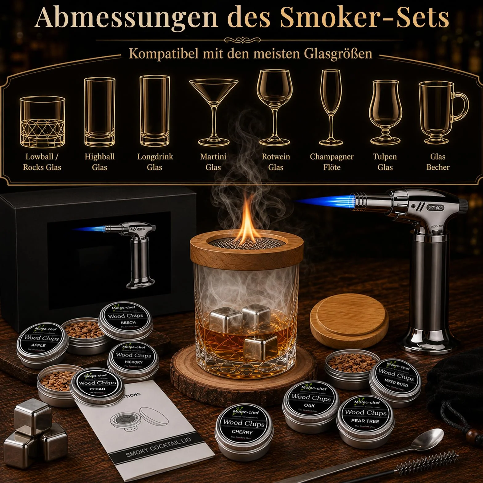 Zestaw wędzarniczy do whisky z pochodnią, zestaw do wędzenia koktajli, 8 rodzajów drewna i akcesoriami, zestaw do wędzenia do drinków dla Old Fashioned & Bourbon – pomysł na prezent dla