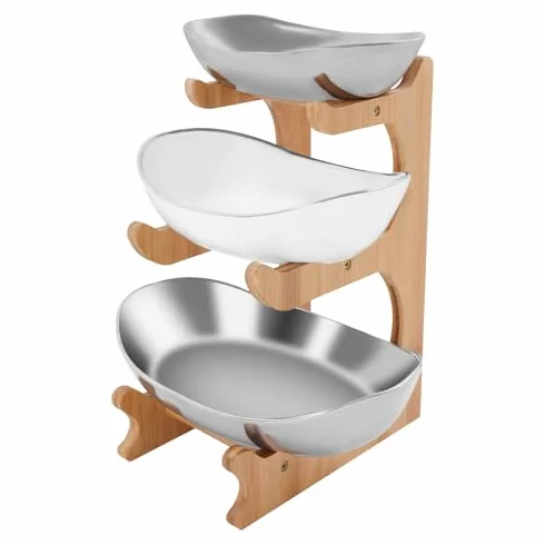 3-poziomowy bambusowy zestaw misek na owoce, dekoracyjny ceramiczny uchwyt na przekąski na blat kuchenny, wielofunkcyjny wyświetlacz na orzechy, ciastka, desery i owoce