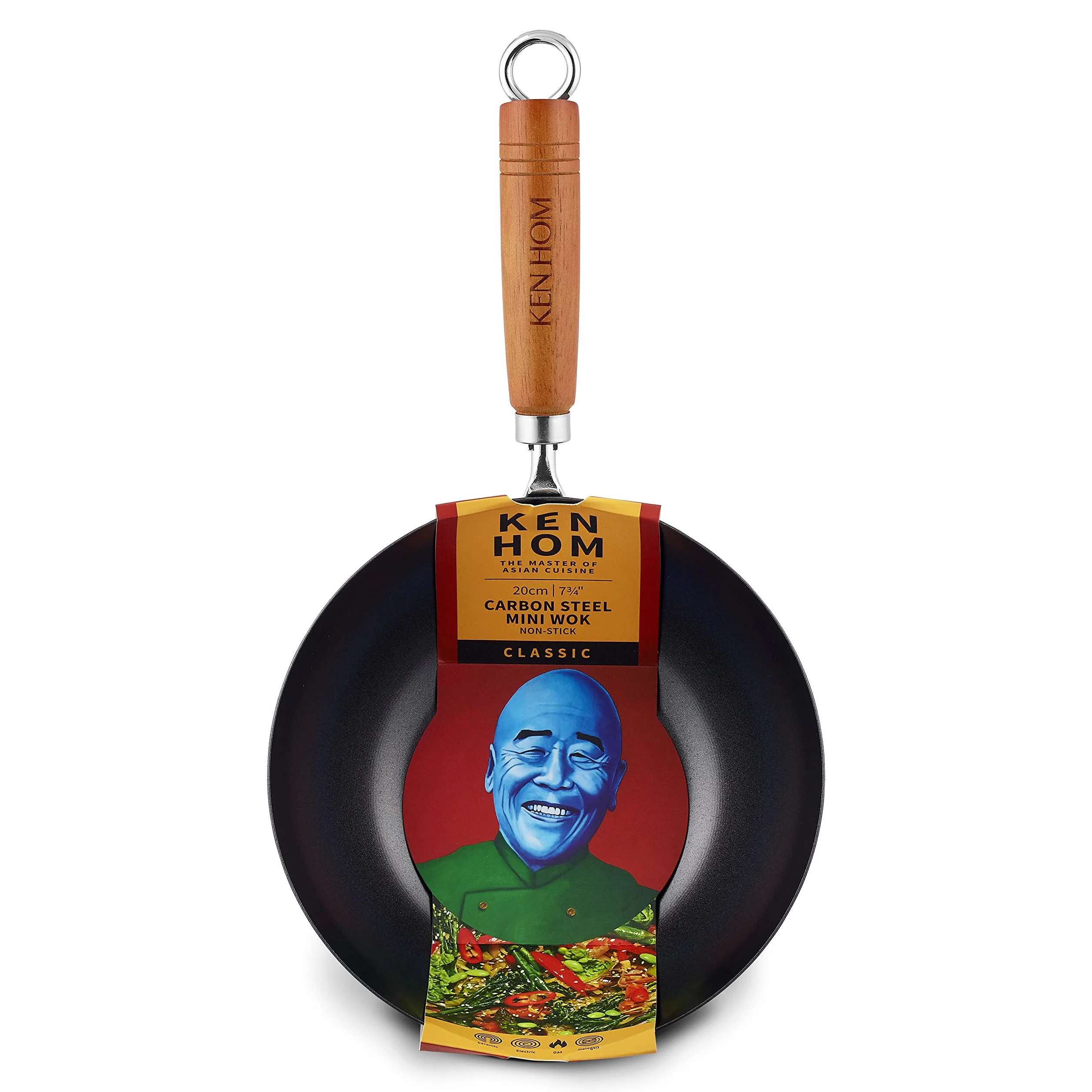 Ken Hom Classic Wok ze Stali Węglowej, Czarny/Drewniany, 20 cm