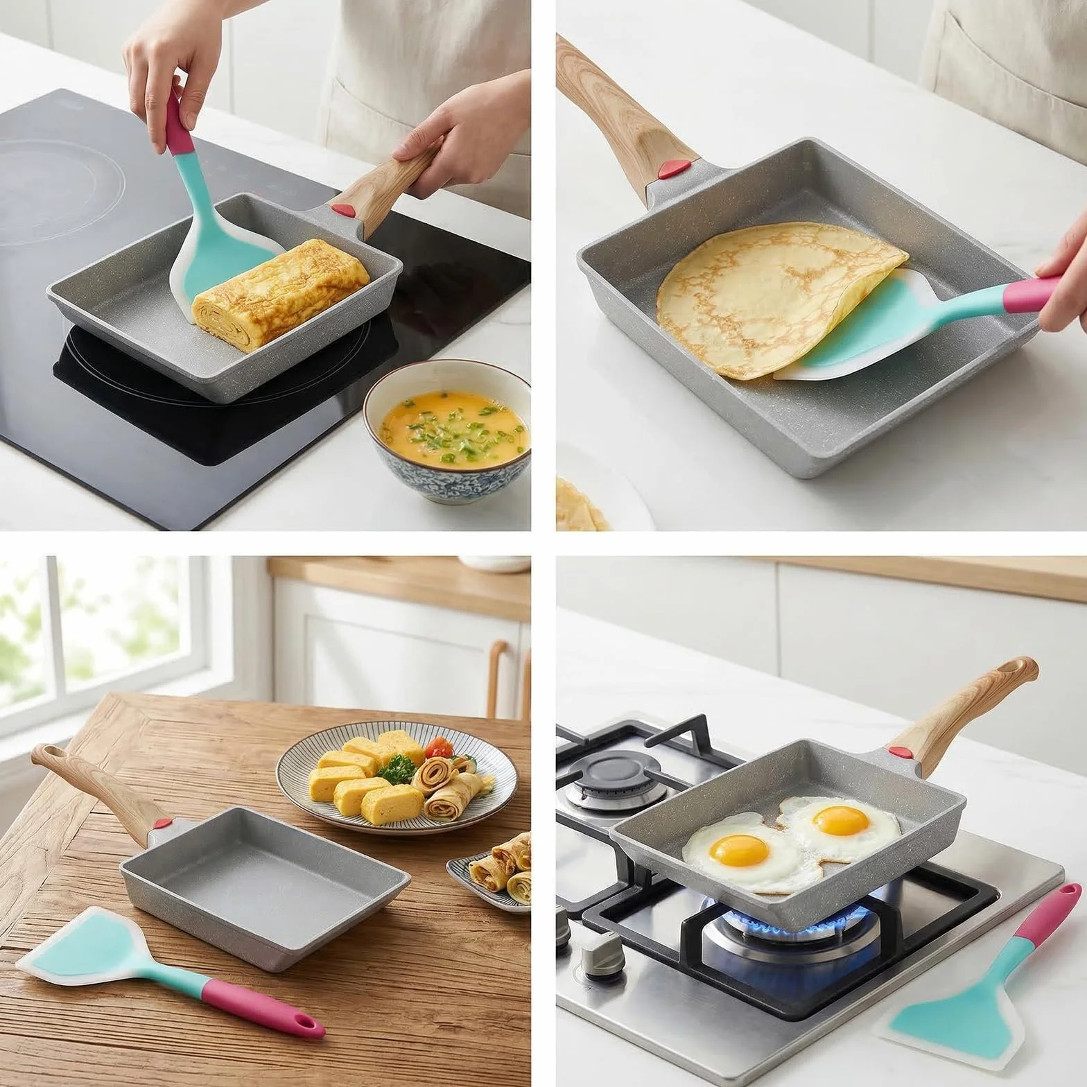 Tamagoyaki patelnia, 36,5 x 16 x 3,7 cm, biała, z powłoką zapobiegającą przywieraniu, patelnia na omlety z silikonową szufelką do omletów i potraw z jajek