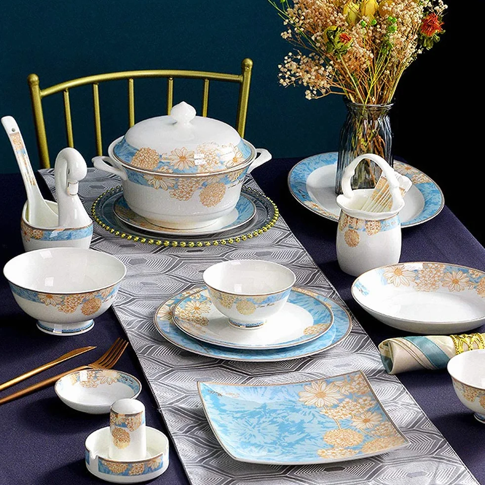 Luksusowy zestaw obiadowy z porcelany, 60 sztuk, ręcznie robione zestawy obiadowe z chińskiej ceramiki pałacowej | Talerze/miski – zestaw kombinacji zastawy stołowej