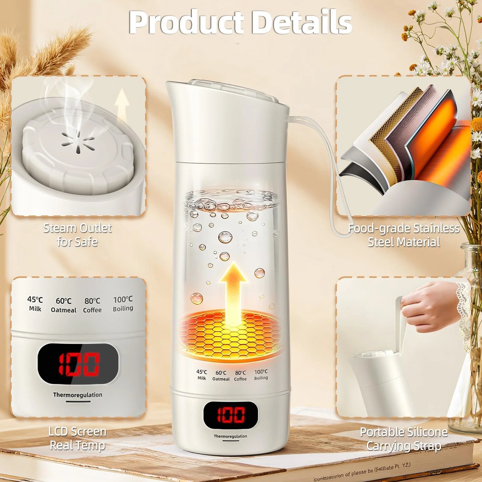Elektryczny czajnik podróżny 400 ml, stal nierdzewna 304, 4 ustawienia temperatury, automatyczne wyłączanie