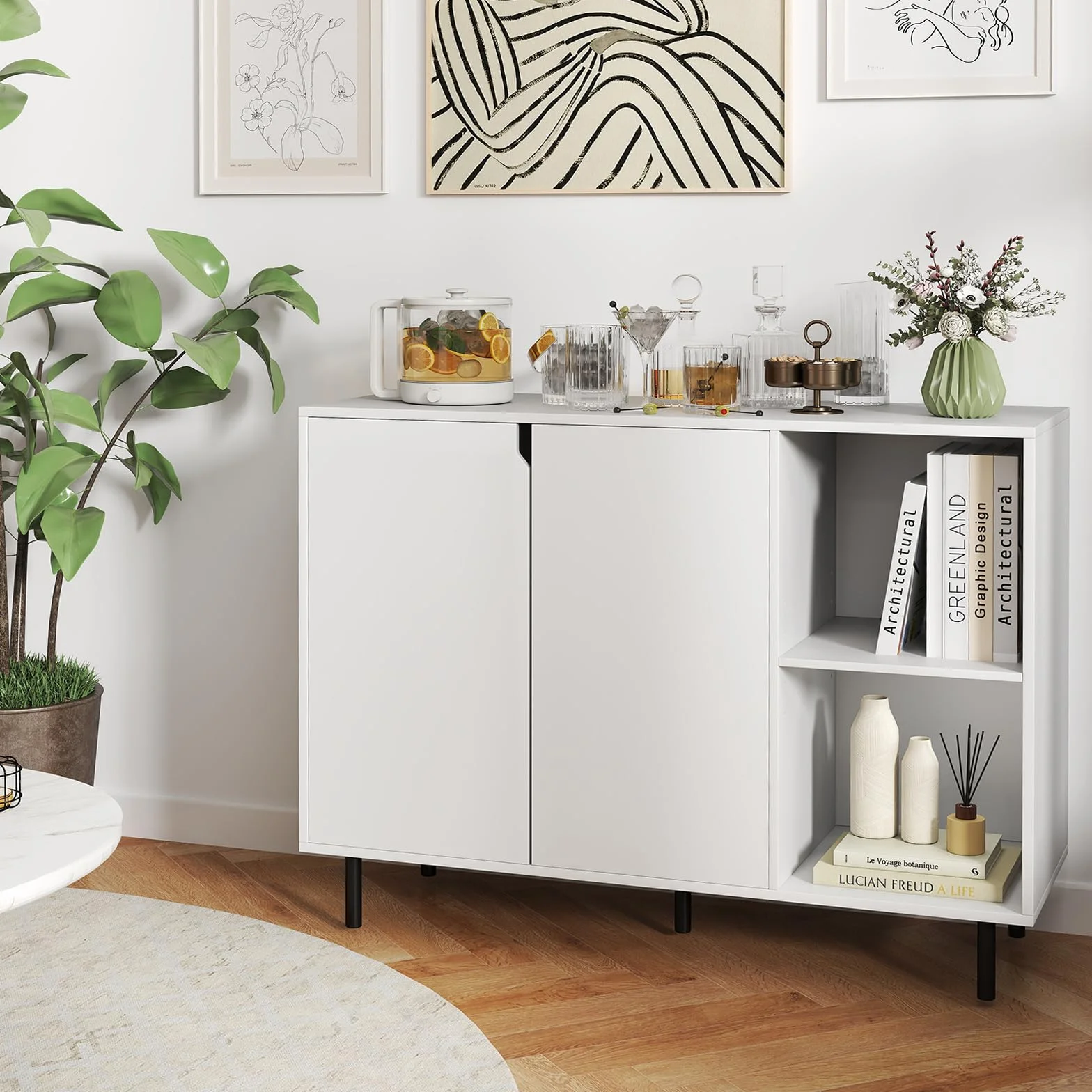 COSTWAY Drewniana komoda z 4 półkami i 2 drzwiami, szafka bufetowa, szafka kuchenna, regulowane półki, nowoczesna szafka, 106 x 38 x 80 cm (biała)